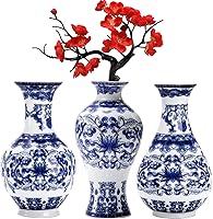 WUWEOT Set of 3 Blue & White Porcelain Chinoiserie Vases - Petite Oriental Bottle Vases with Lotus Pattern for Home Decor & Gifts