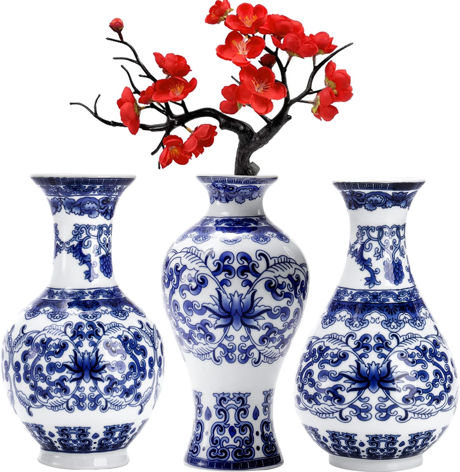 WUWEOT Set of 3 Small Blue & White Vases, Porcelain Chinoiserie Vase Petite Classic Oriental Bottle Vases, Decorative Art Fambe Glaze Floral Bud for Home Decor and Events