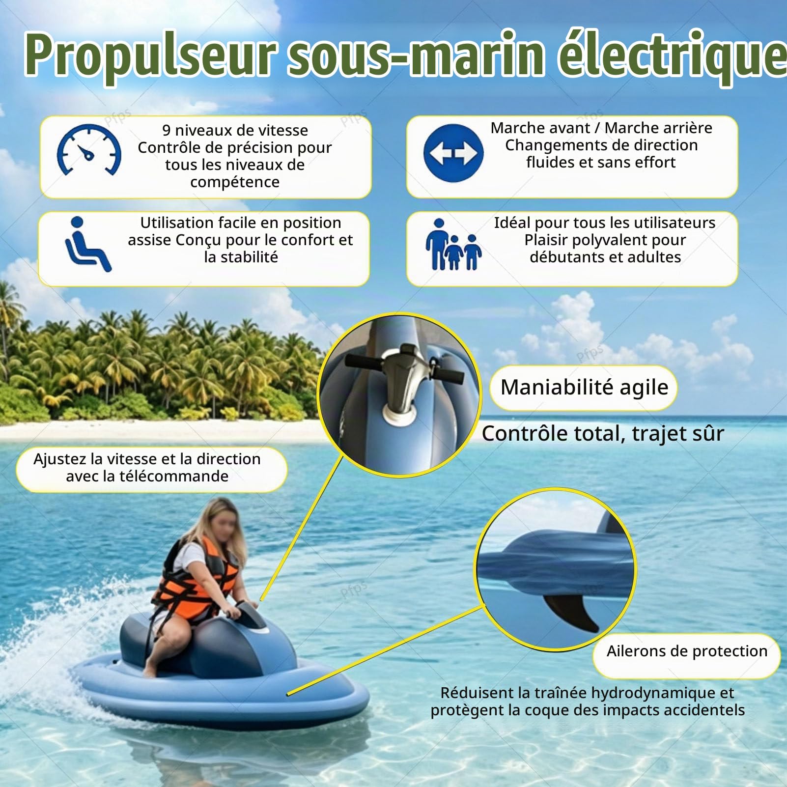 Jet-Ski électrique Gonflable Et Pliable, avec Hélice sous-Marine De 500 W, Autonomie De 130 Minutes, Stabilisateur à Double Aileron Amovible pour Le Kayak Et La Plongée Nothruster