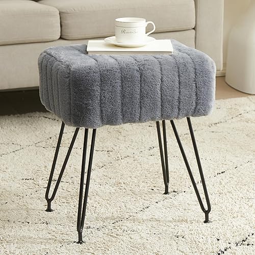 Leesingdo Taburete de tocador, silla de piel sintética suave, taburete de maquillaje con 4 patas de metal y pies negros ajustables, reposapiés