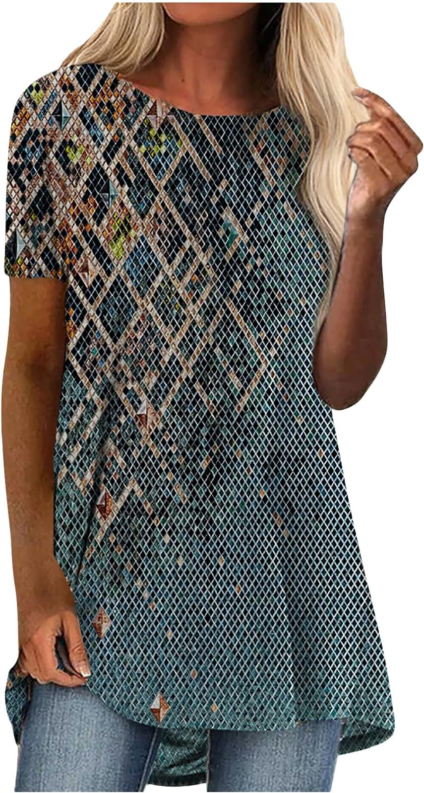 Summer Women Vintage Tops Fashion Loose Fit Short Sleeve Crewneck Long Tunic Print Blouses Comfy Soft Shirts Tee