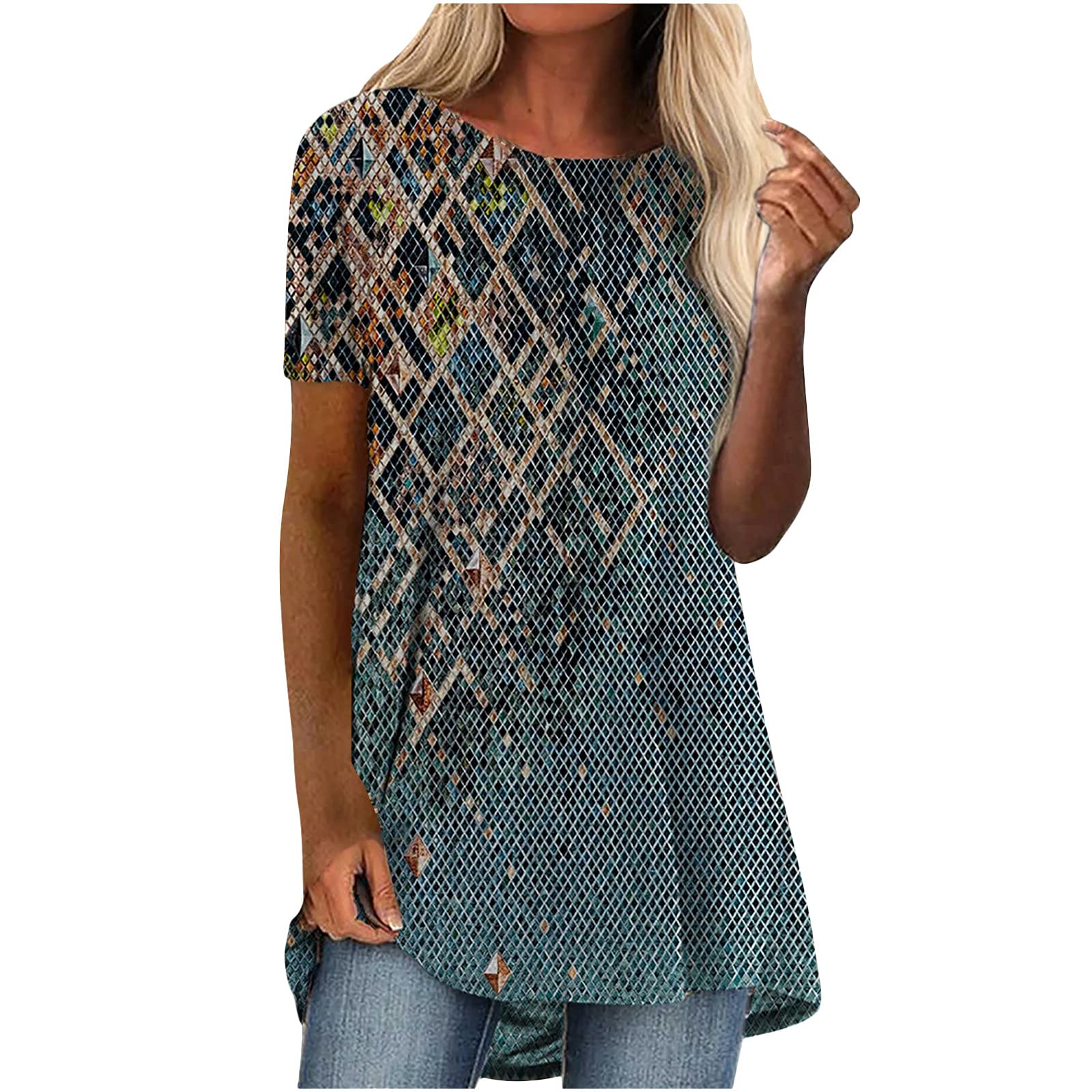 Summer Women Vintage Tops Fashion Loose Fit Short Sleeve Crewneck Long Tunic Print Blouses Comfy Soft Shirts Tee