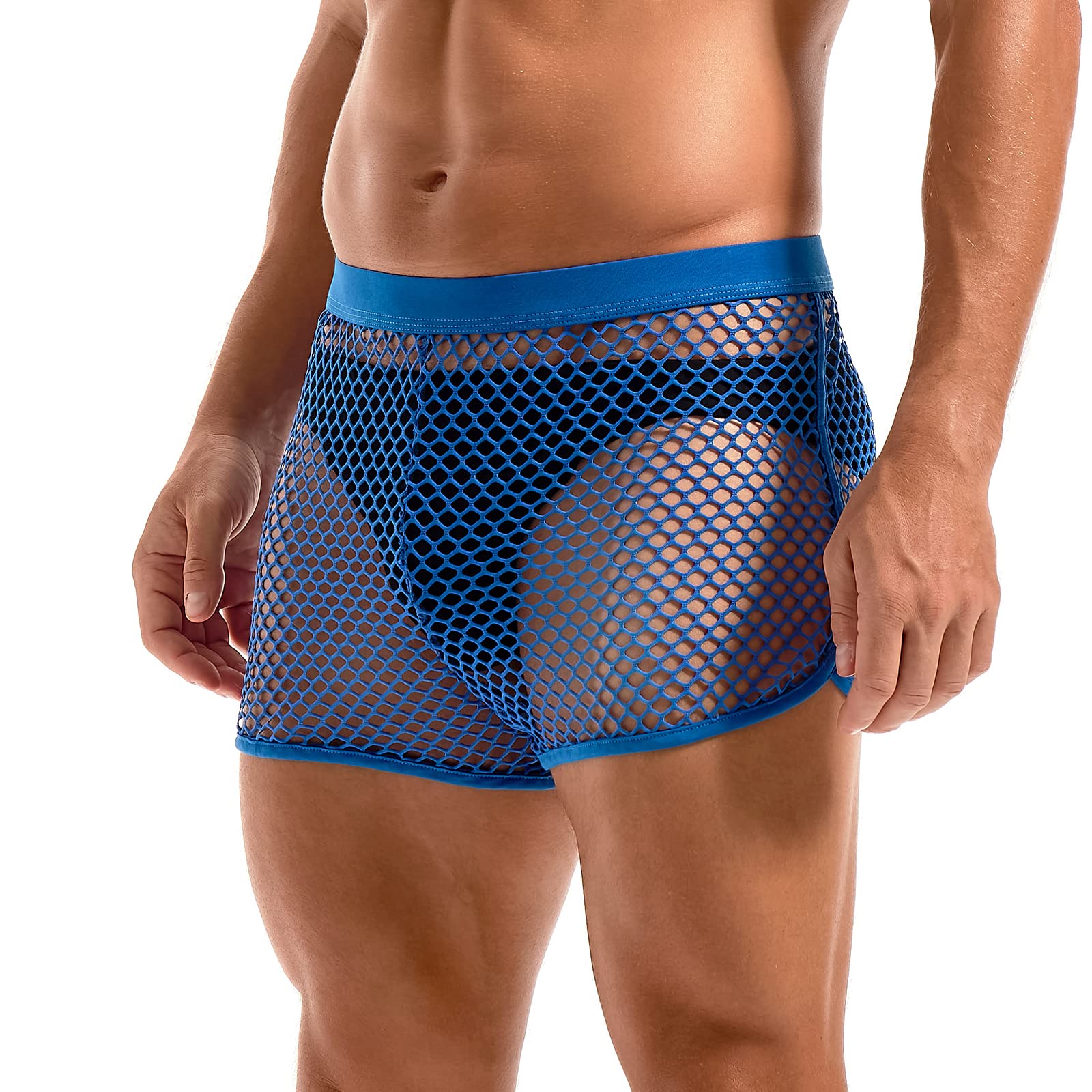 Amy Coulee Men's Blue Fishnet Boxers Sexy Mesh Boxer Briefs Low Waist See Through Shorts Lounge Pajama Underwear Trunks (, M)