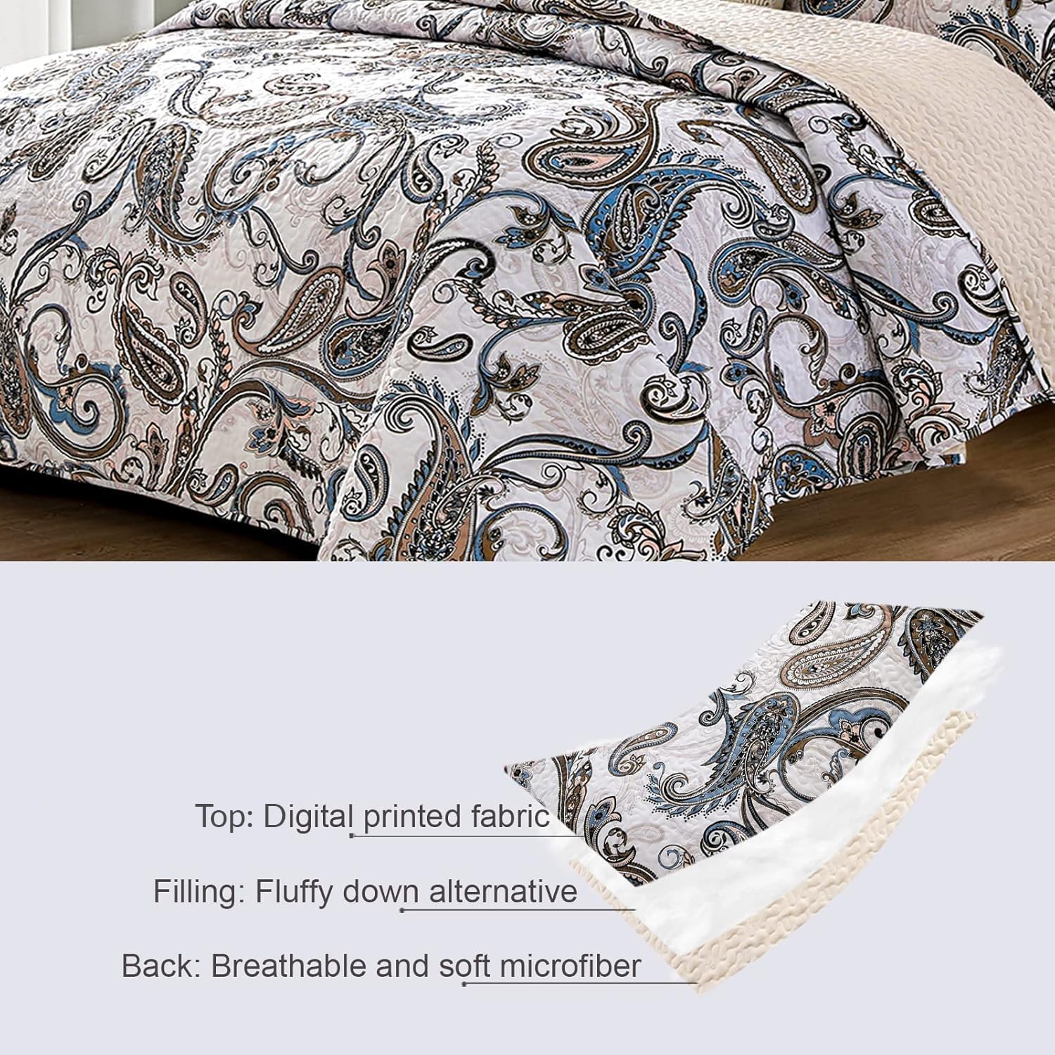 Whale Flotilla Copriletto 240 x 260 cm, Copriletto Matrimoniale con Motivo Stampato, Leggero con 2 Federe Per Tutte Le Stagioni, Paisley Beige