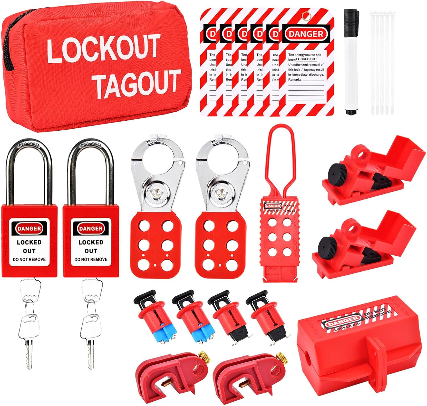 Lockout Tagout Kit, WenzhiIoT Lock Out Tag Out Kits Electrical, Clamp On Universal Circuit Breaker Lockout, Hasps, Loto Tags, Loto Locks Sets(2 Key Per Lock), Zip Ties for Safe Electrical Locking