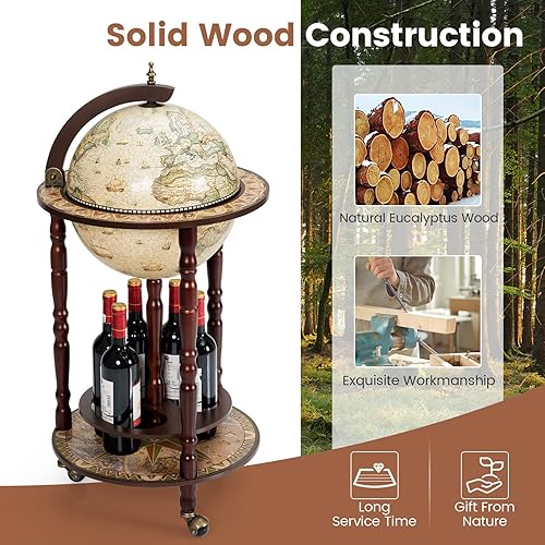 Miniatura 5 de Goplus Globo Bar, gabinete de licor con forma de globo de 17.5", con ruedas, estante inferior, mapa del mundo antiguo, réplica italiana del siglo