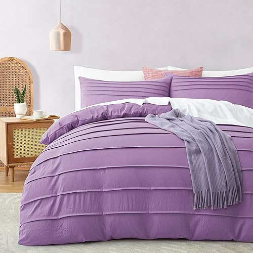Oli Anderson Funda de edredón morada tamaño King funda de edredón plisada King juego de ropa de cama con textura suave y transpirable de 3 piezas