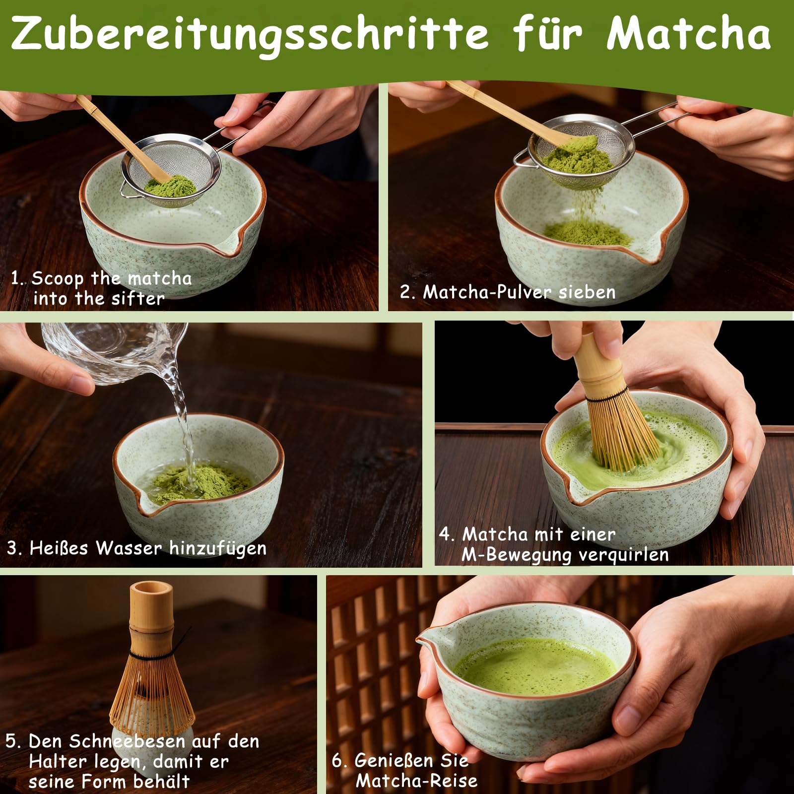 WERTIOO Matcha Set 8 Stück mit Handbuch - Matcha Tee Set, inkl. Keramik Matcha Schale, Schneebesenständer, Matcha besen, Matcha Sieb, Bambuslöffel, Perfektes Teegeschenk für Matcha Liebhaber (Grün)