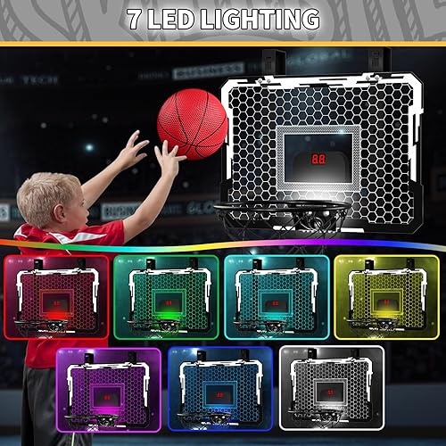 Miniatura 39 de QDRAGON Aro de baloncesto para interiores para niños, mini aros de baloncesto sobre la puerta con 7 luces LED, juguetes de baloncesto, regalos