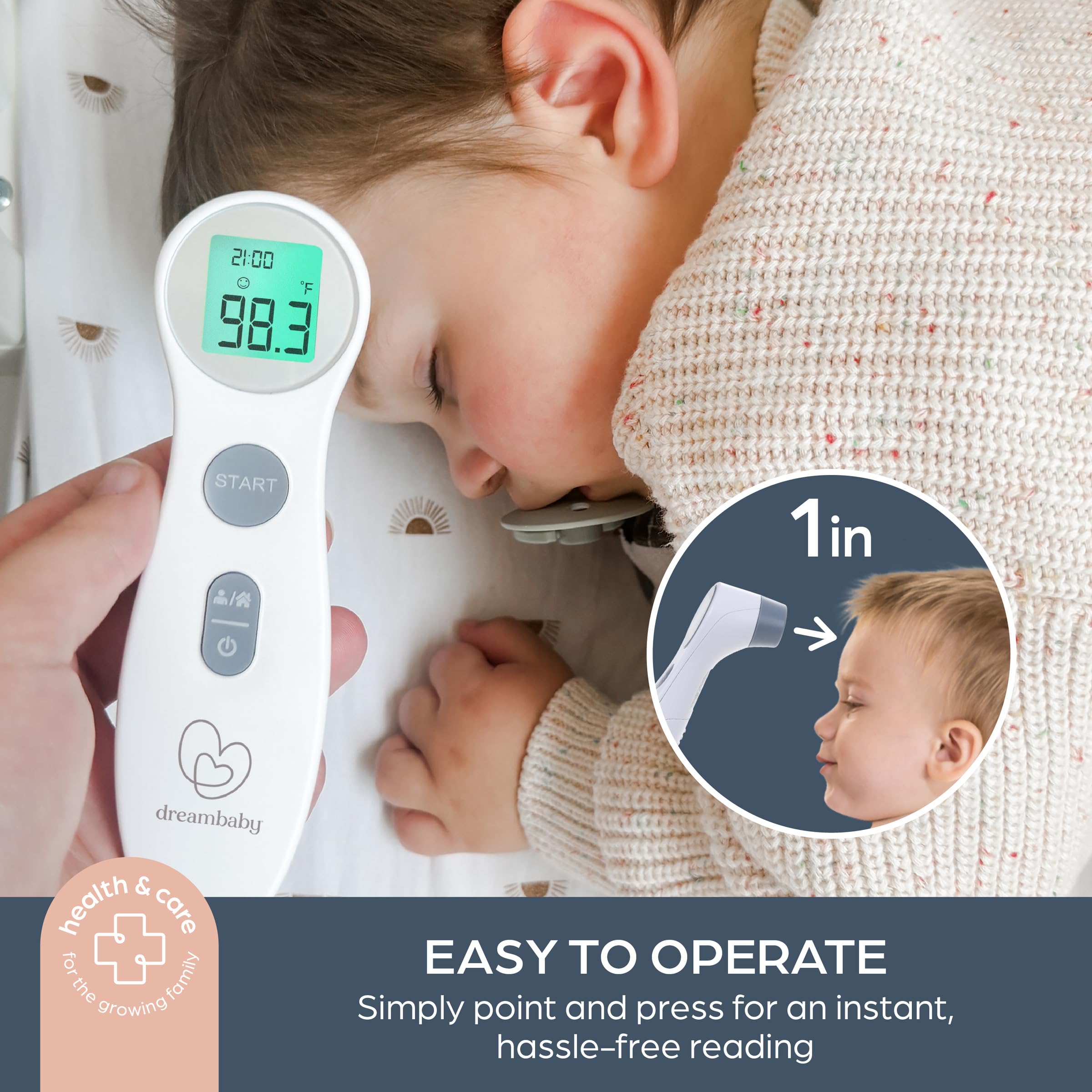 Dreambaby Termómetro digital de frente sin contacto, termómetro para bebé, termómetro infrarrojo, almacenamiento de memoria, alertas de fiebre, incluye baterías, artículos esenciales para bebés,