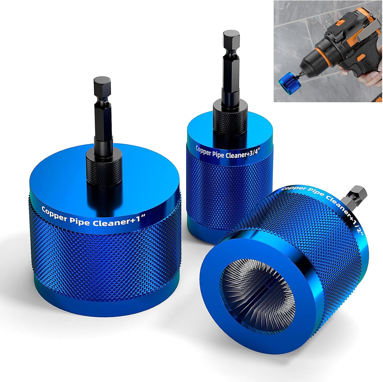 BURMONG 3 Pcs Copper Pipe Cleaner Drill Set (1/2" 3/4" 1") - Metal Tube Cleaning Brushes for Power - Professional Plumbing Tools for Copper Pipes & Tubes - Heavy-Duty Drill Attachment for Plumbers