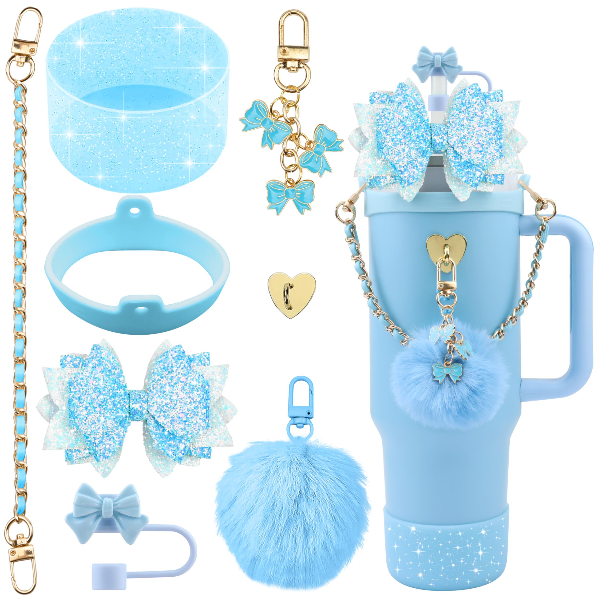 SEMATA Bling Accessories for Stanley Cup 40oz & 30oz Tumbler Including Silicone Cute Bow Straw Topper Cover, Silicone Boot for Stanley Cup,Leather