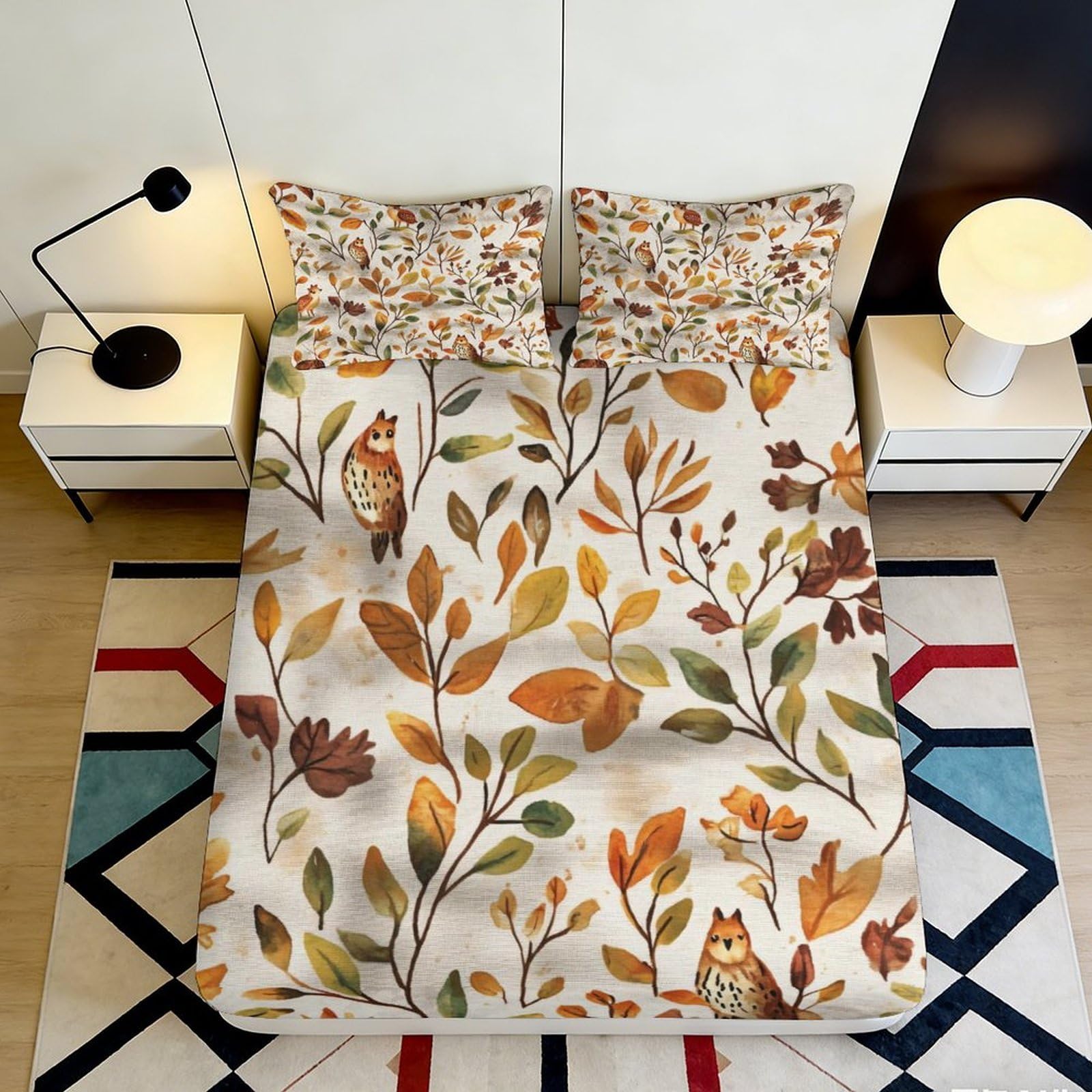 Zfldkwgb Style-10 3D Printed Autumn Leaves Fitted Sheet Microfiber Soft Decor Forest Owl Mattress Cover For Bedroom Guest Room Protection 90X200x25cm