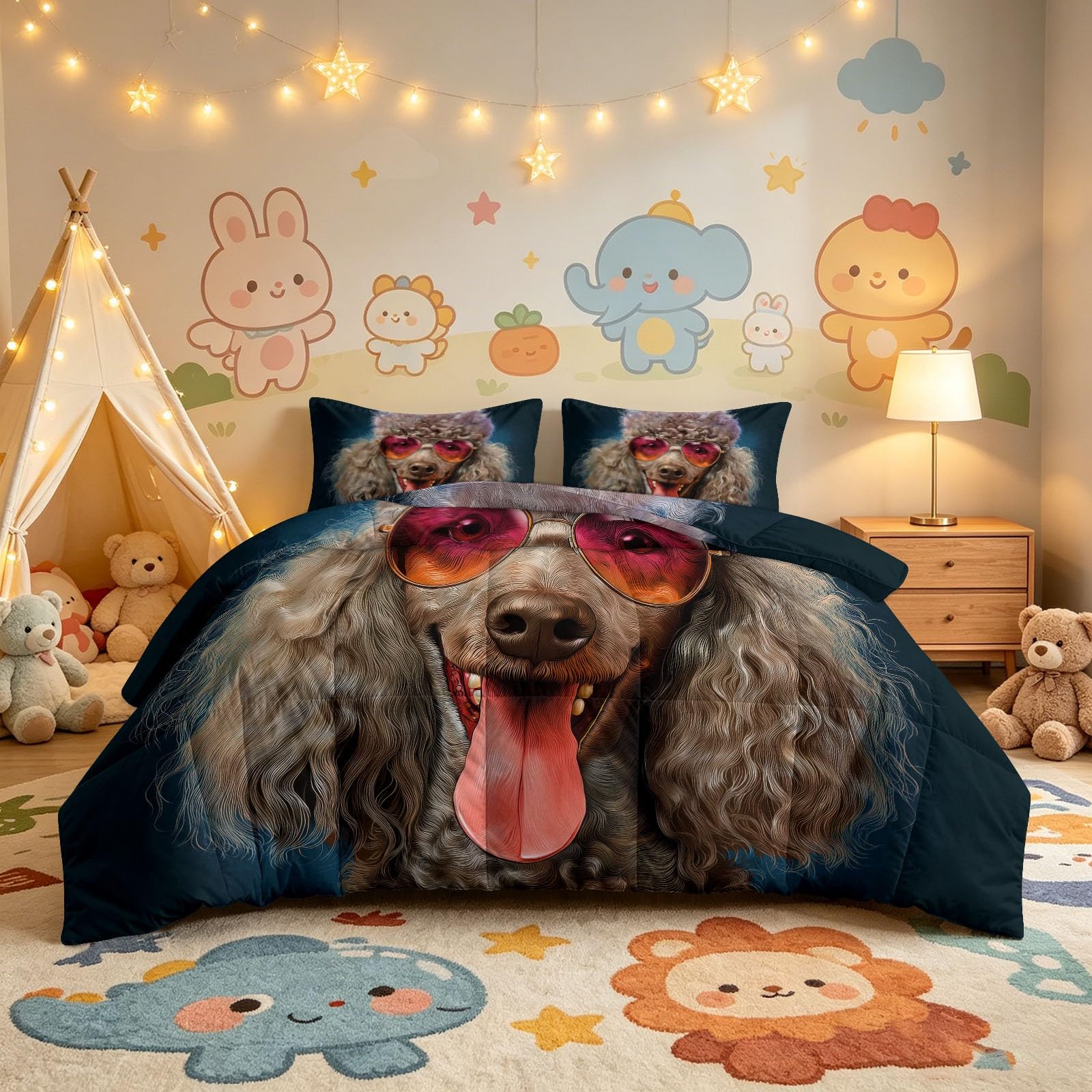 Edredón sin funda para niño Ado, Clipart autoadhesivo edredon lavable 140 x 200 cm, azul caniche gafas sol vectorial, ligera y cálida, ropa de cama con 2 fundas de almohada, hipoalergénica