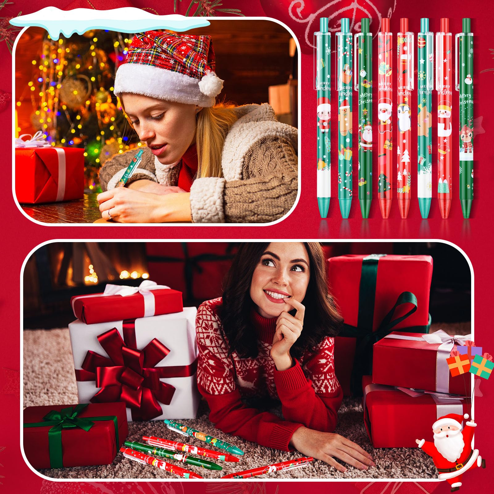 Clabby 48 Pièces Stylos à Bille Cadeau de Noël Stylos Gel Noirs Stylo de Noël pour Famille Bureau Université Cadeau de Papeterie Stylo à Bille de Noël pour Collègues Professeurs