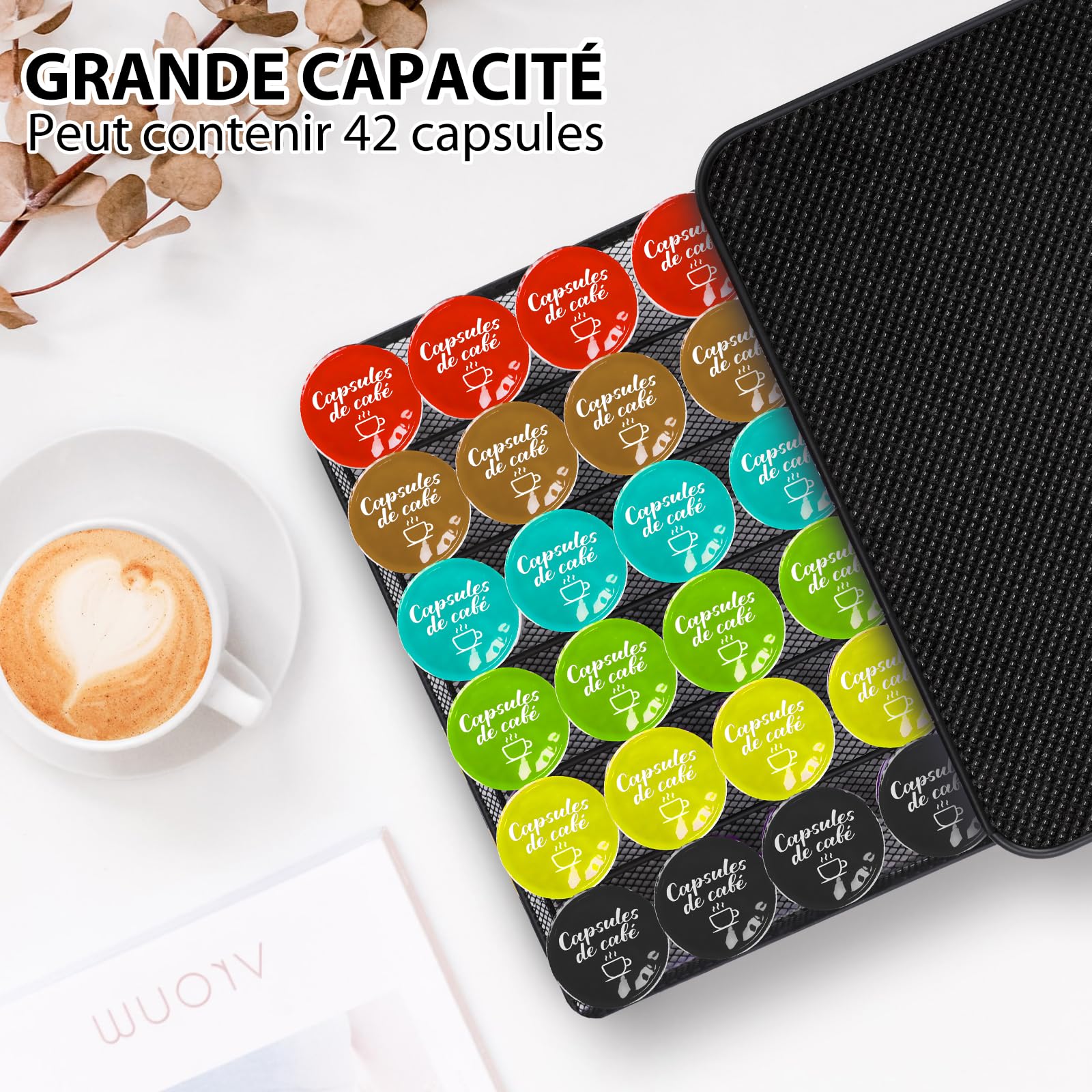 Myiosus Porte Capsule Dolce Gusto, Rangement Dosettes Capsules 42 PCS, Tiroir Capsule de Café avec Surface Anti-Vibration, Support Range Dosette pour La Maison, Bureau, Café (Noir)