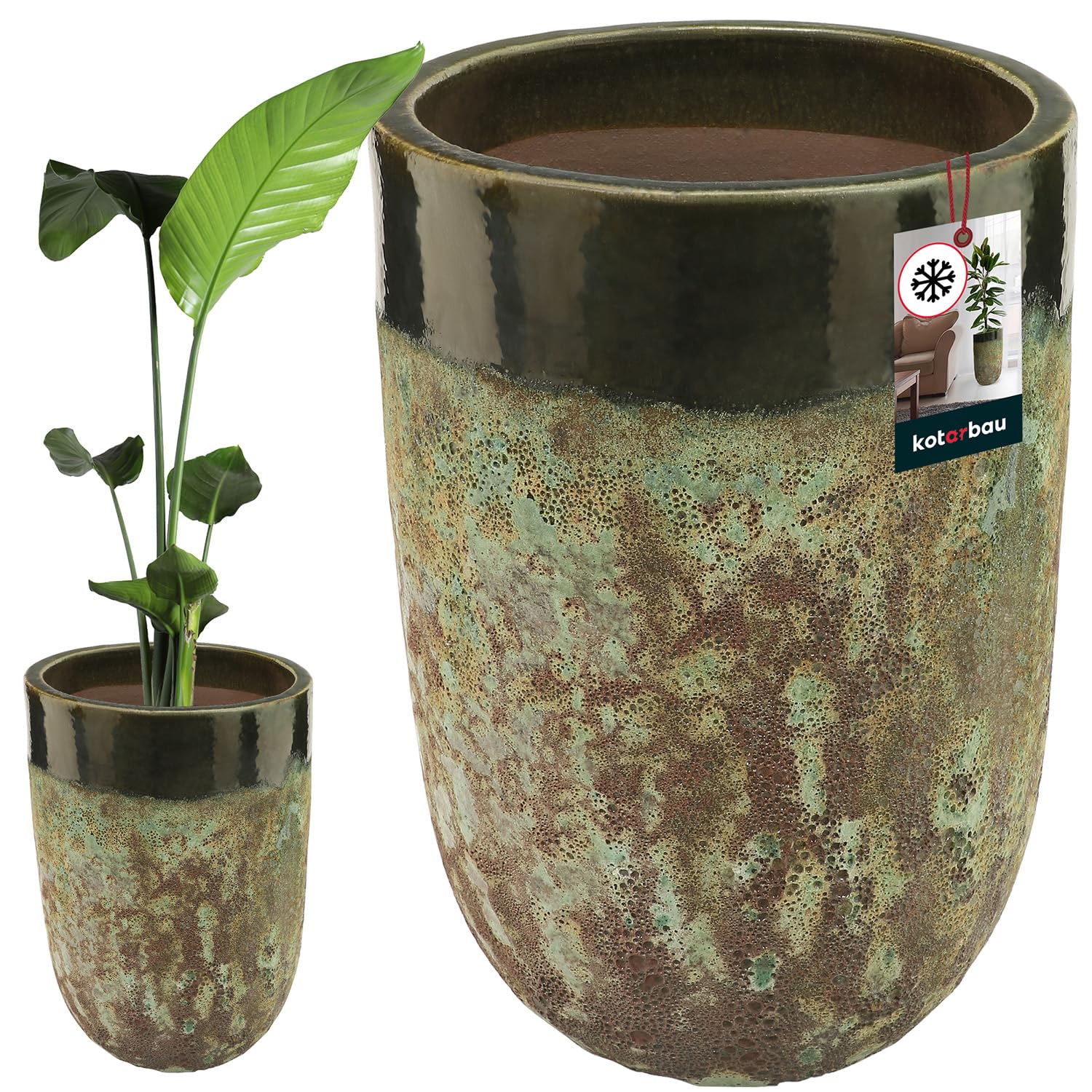KOTARBAU® Donica Ceramiczna ⌀ 35 cm Doniczka Mrozoodporna Zielona Donica z Odpływem Wody Ozdoba Do Salonu Na Taras Nowoczesna Handmade Rękodzieło