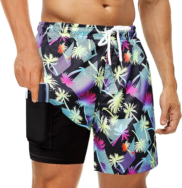Mens Swim Trunks with Compression Liner 2 in 1 Quick Dry Bathing Suit Swim Shorts