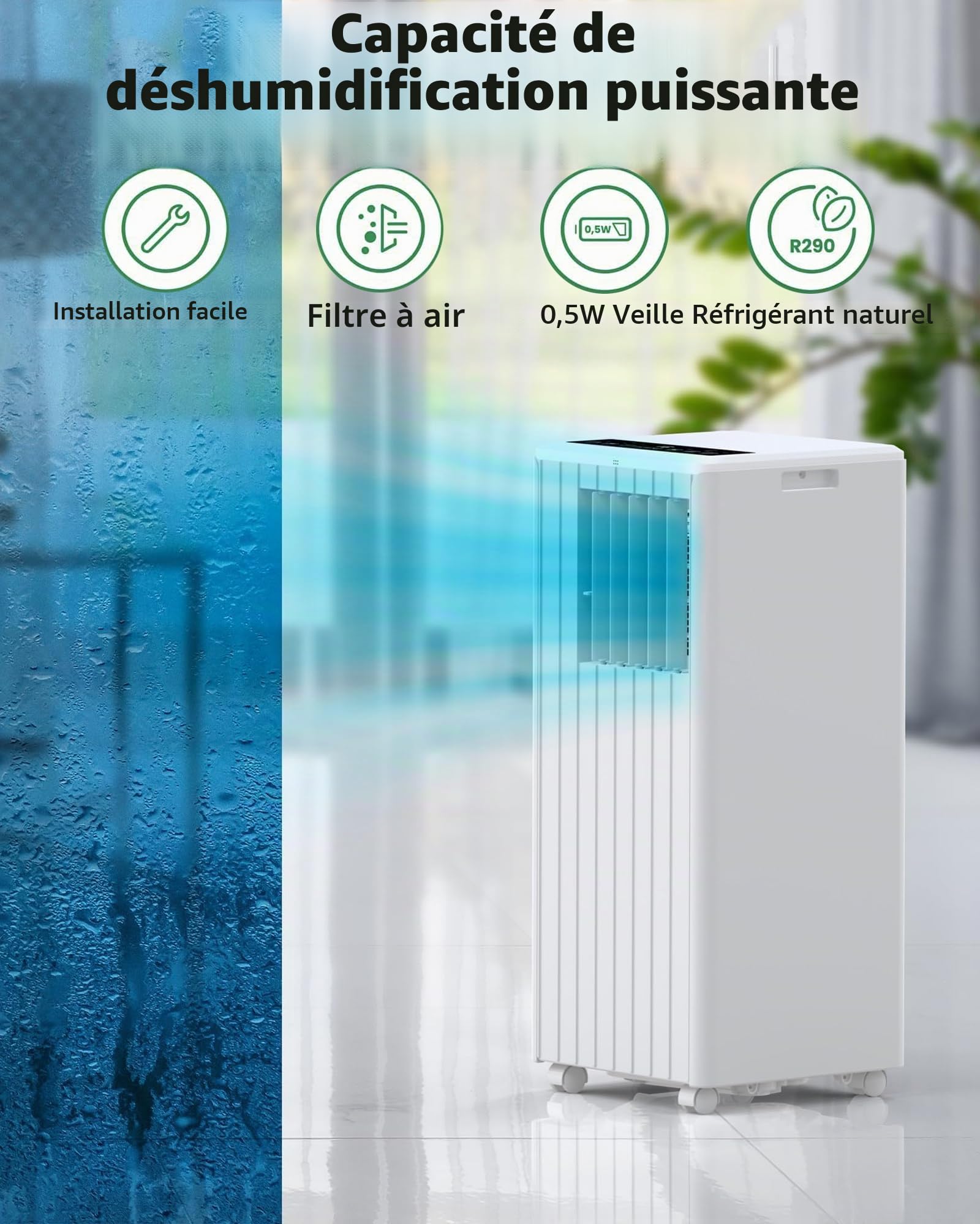 Garvee Climatiseur mobile 7000 BTU, 3 en 1, refroidissement, déshumidification, mode veille, 2,0 kW avec tuyau d'échappement, télécommande, temps de 24 h, pour pièces jusqu'à 18-25 m²