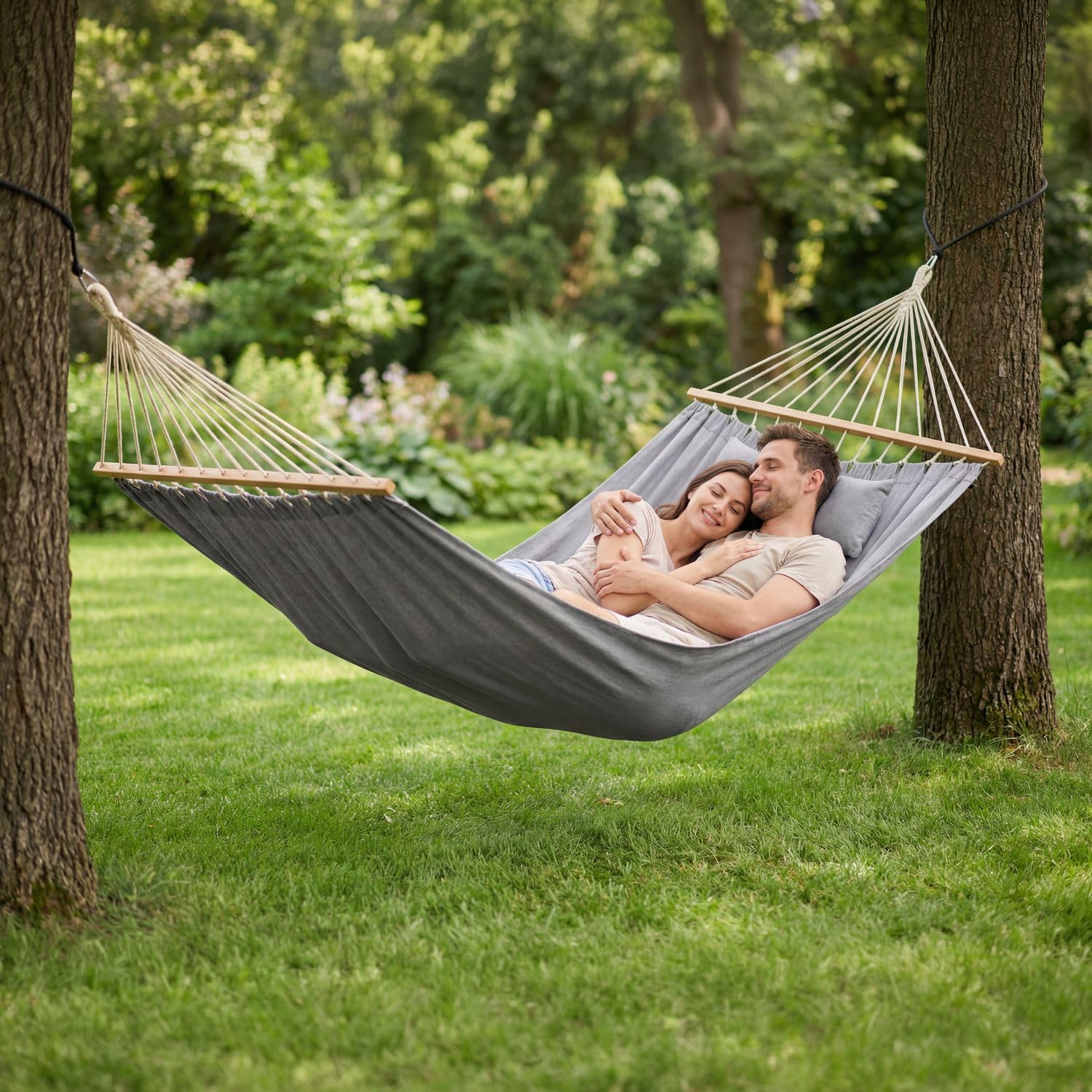 Amaca 200 x 150 cm, fino a 200 kg, per esterni, doppia amaca per 1-2 persone, in cotone con cuscino per giardino, balcone, terrazza, traspirante, per bambini e adulti, grigio
