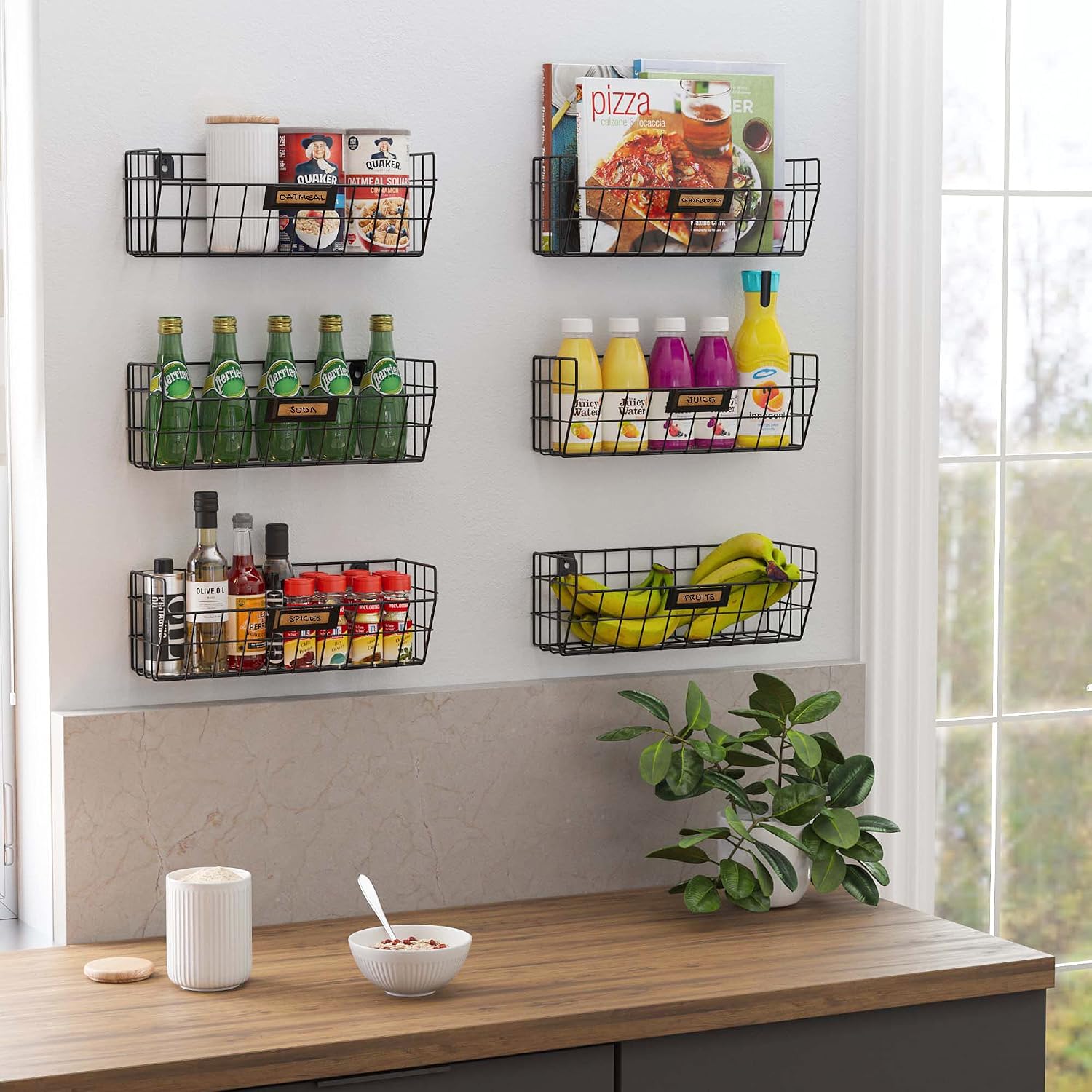 Wall35 Macon Hanging Fruit Basket for Kitchen Pantry Organization and Storage, Wall Mounted Metal Wire Baskets Set of 6 Black