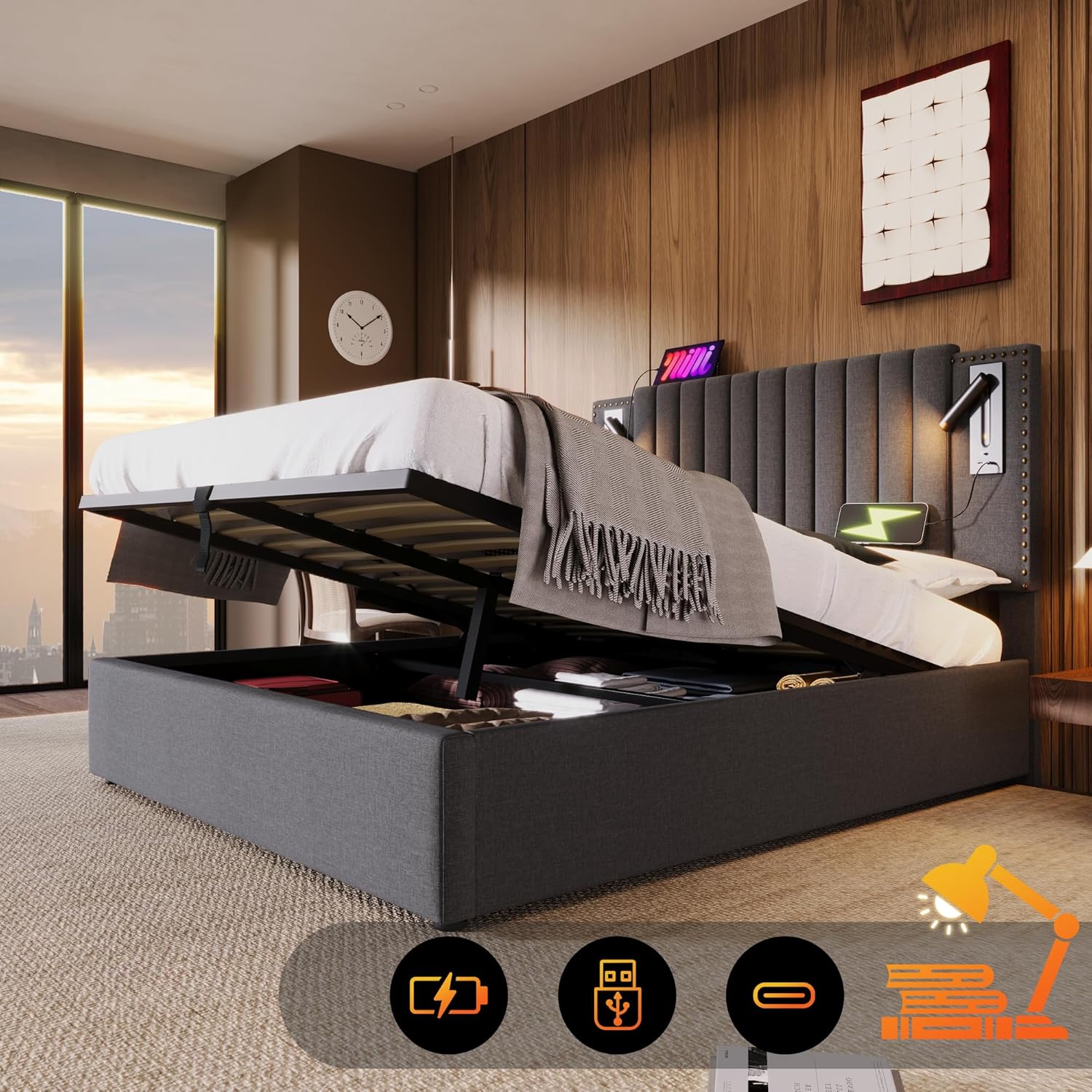 Sapgaks bed with storage open, highlighting charging and lighting features