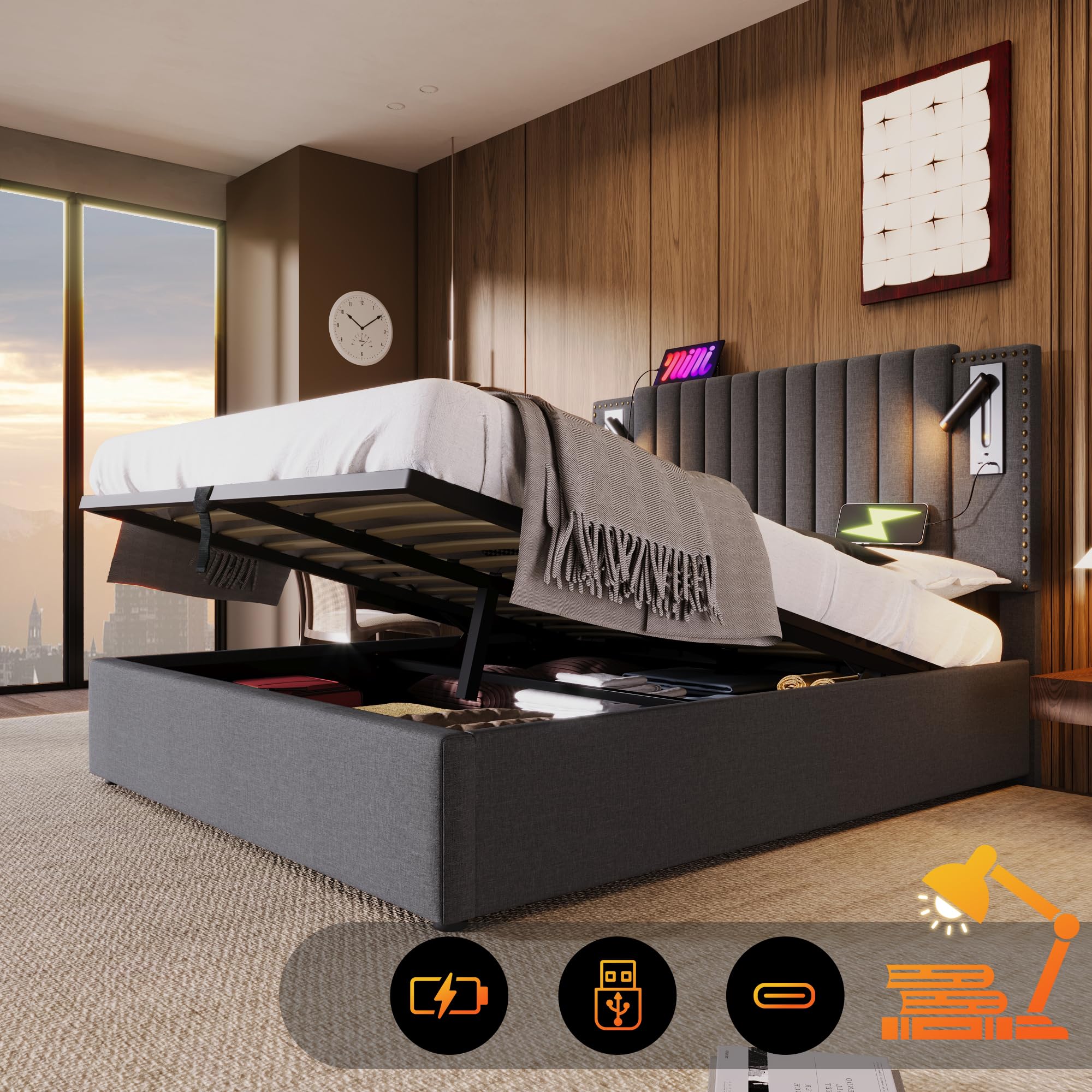 Letto imbottito idraulico luce lettura con ricarica USB testiera letto matrimoniale king size schienale rivettato letti familiare contenitore adulti per gli ospiti grigio senza materasso 160x200