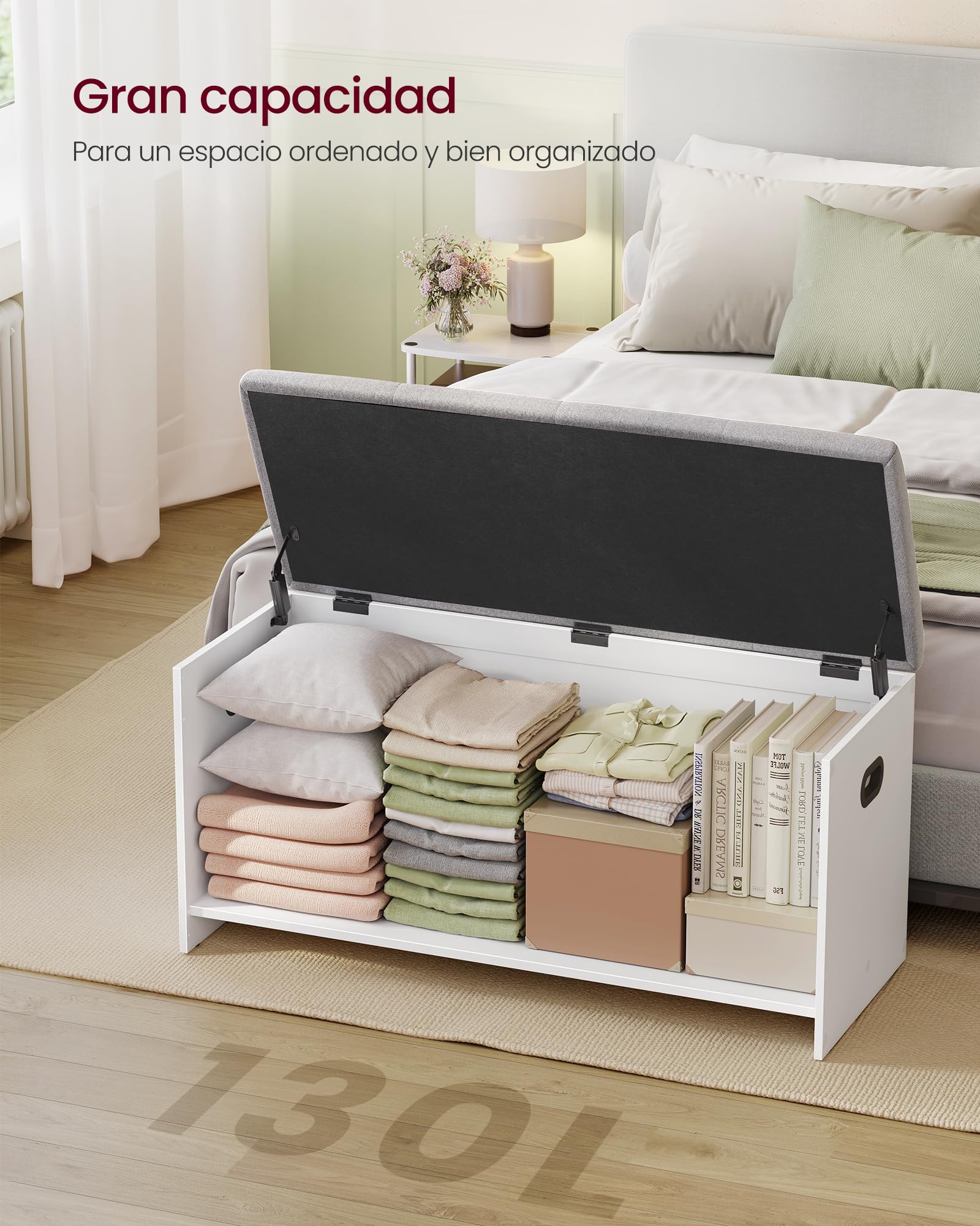 VASAGLE Banco Arcón con Tapa, 2 Bisagras de Seguridad, Banco Zapatero, Estilo Rústico, para Recibidor, Dormitorio, Salón, 41 x 101 x 49 cm, Blanco Mate y Gris Paloma LSB068W101