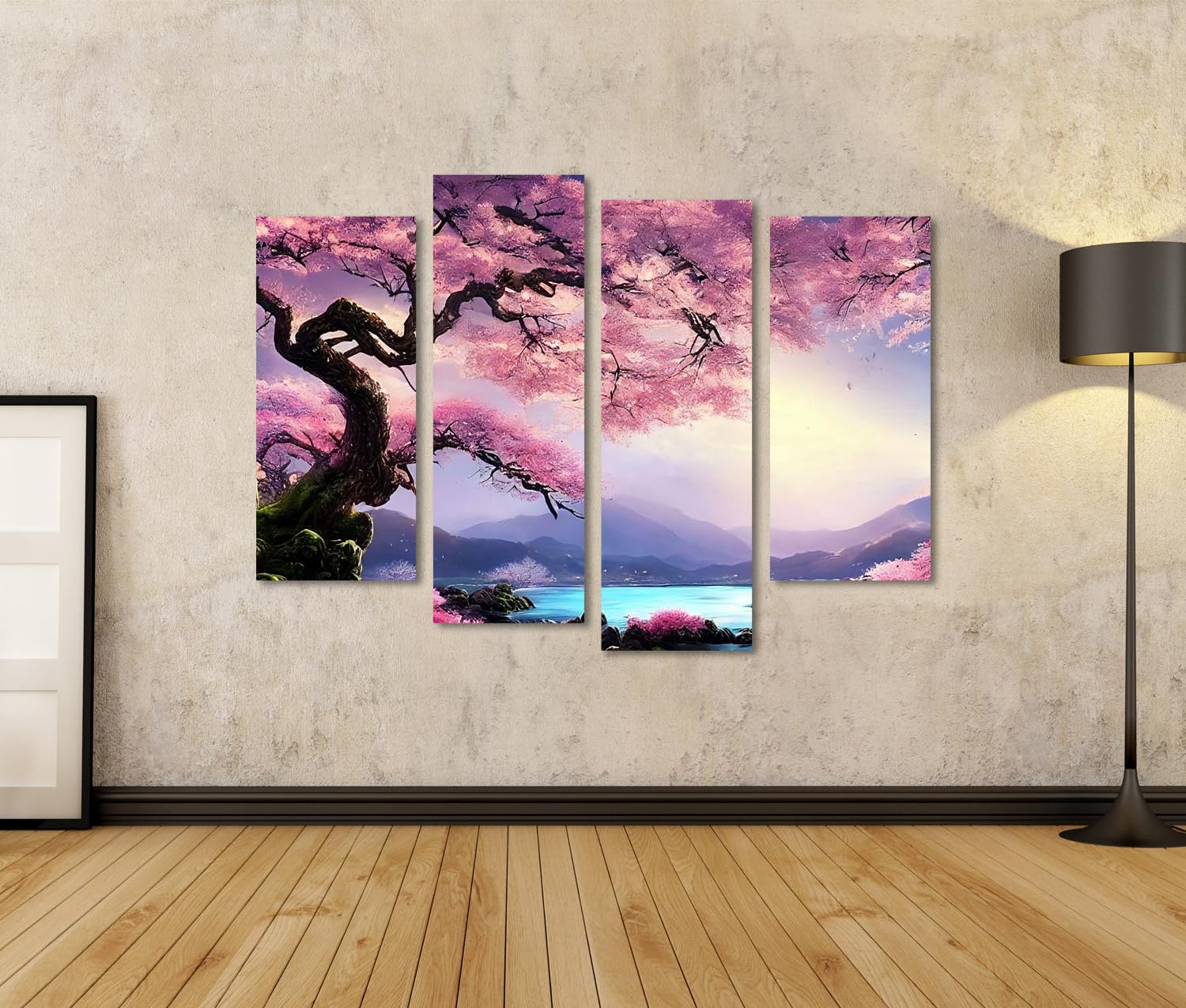 Tableau Décoratif Murale Sur Toile - Fleurs De Cerisier Japonais & Paysage Montagne - 80x120 Cm - Prêt à Accrocher - 7