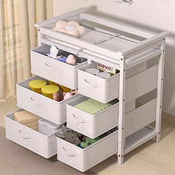 XJD Wooden Diaper Changing Table with 6 Storage Baskets, Modern Baby Changing Table, Infant Diaper Changing Station Dresser with Pad White