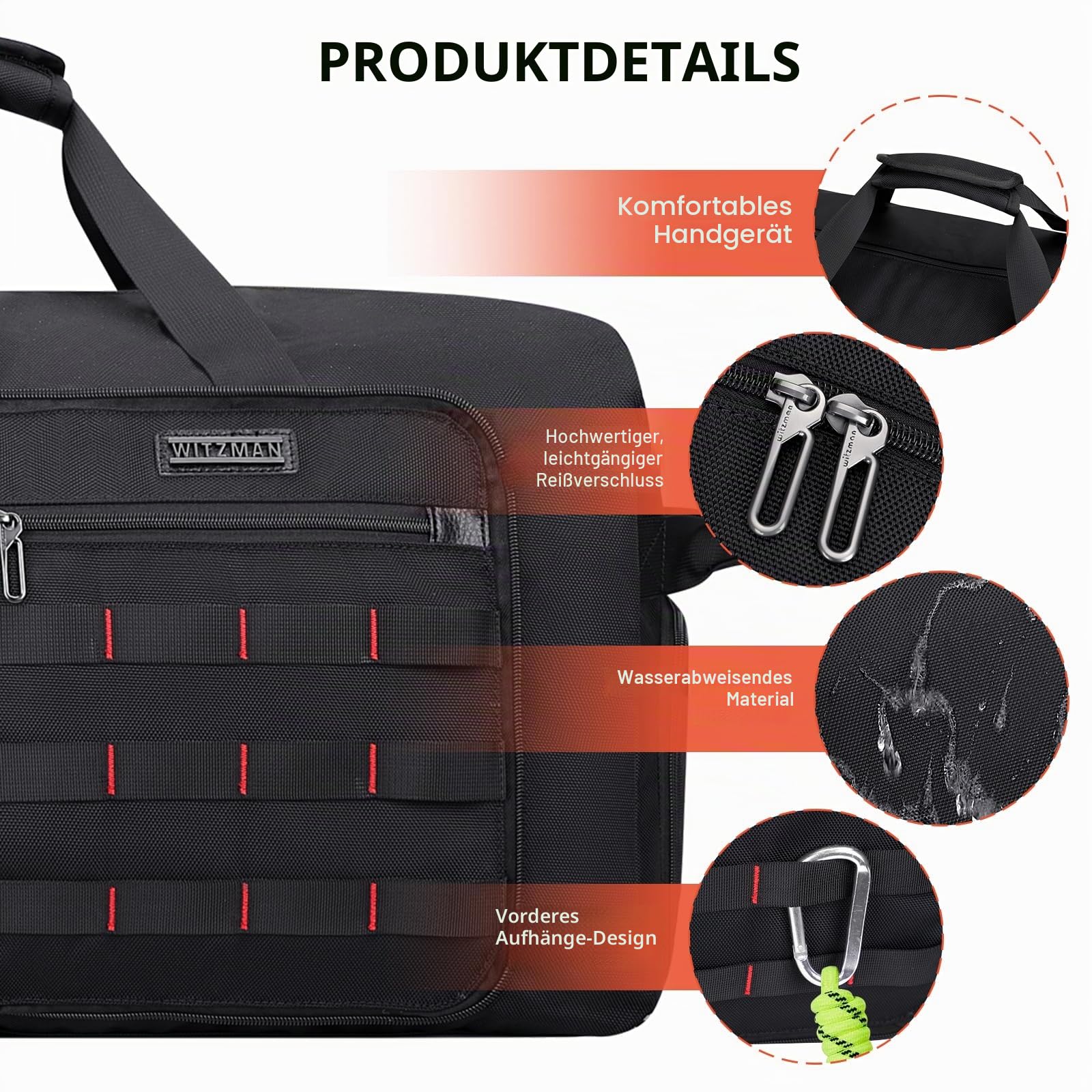 WITZMAN Faltbare Reisetasche Herren 65L Leicht Weekender mit Schuhfach | Nylon, Zusammenfaltbar für Platzsparende Aufbewahrung, Vielseitig für Gym, Wochenend, Sport, Übernachtung, B697 Schwarz