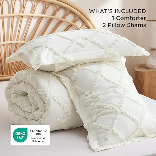 Miniatura 5 de Bedsure - Juego de edredón bohemio capitoné tamaño Queen, juego de cama de 3 piezas con bordado desgastado y elegante, suave y esponjoso con patrón