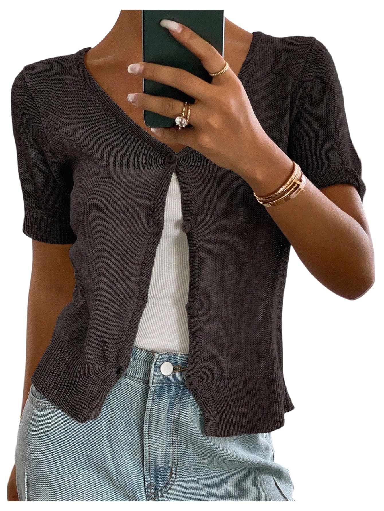 SOLY HUX Womens Short Sleeve Knit Cardigan Button Down V Neck Summer Sweater Tops