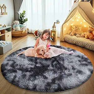 Tie-Dyed Black Fluffy Round Rug,Soft Area Rugs for Girls Room,Shaggy Rugs 4'X4' for Living Room,Non Slip Circle Rug for Kids Bedroom,Shag Plush Nursery Rug,Plush Carpet for Dorm,Cute Furry Room Decor