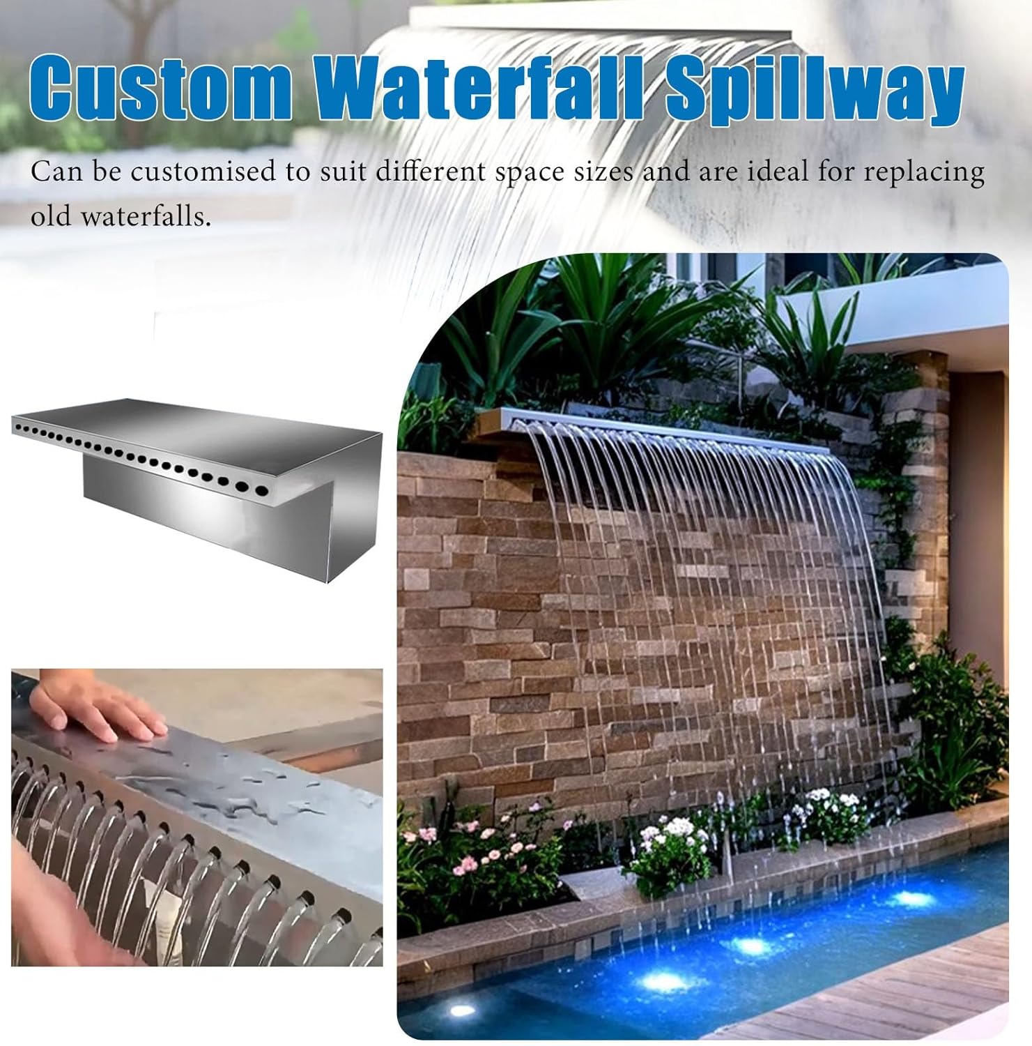 Outdoor Waterfall Spillway Kit for Garden Pools - 51" Decorative Water Feature, Inground Fountains & Falls, 10 to 59 Inch Sizes, Perfect for Backyard Landscaping.