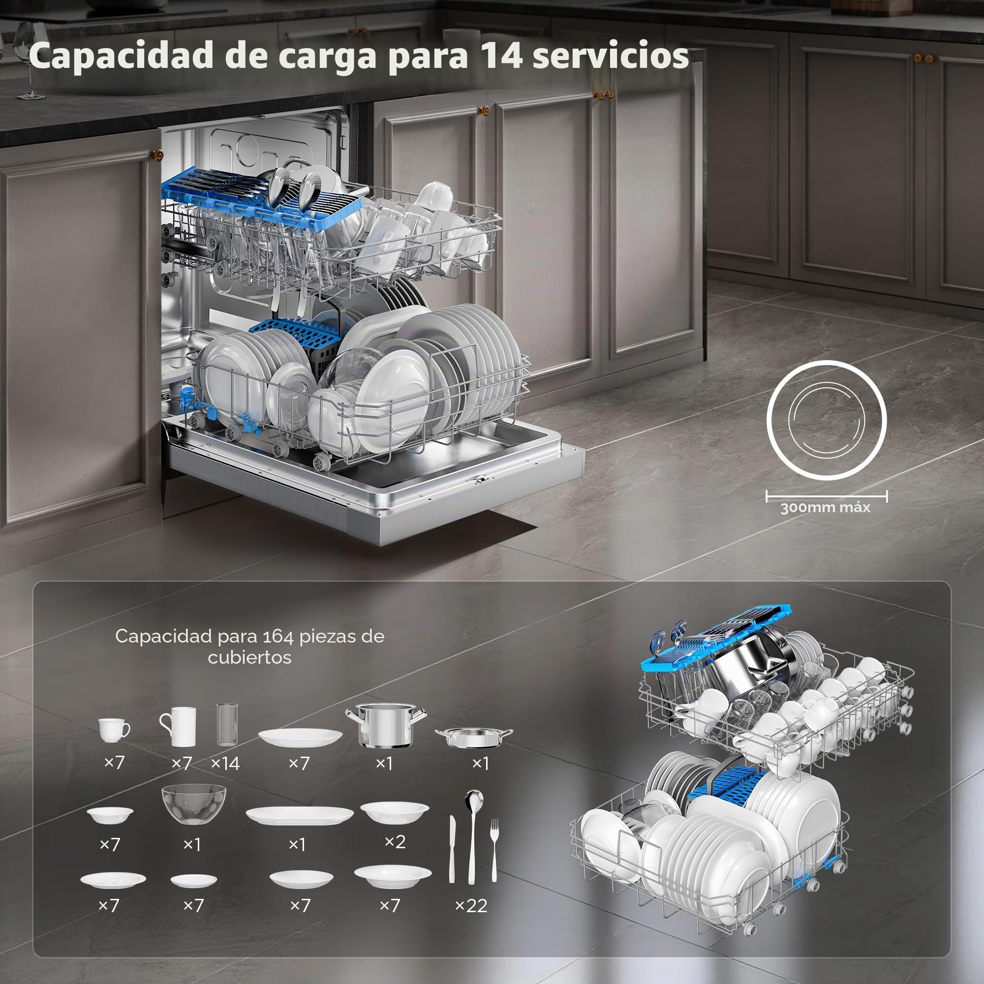 Midea SF 3.60N PRO Lavavajillas, 14 servicios, wifi, lavavajillas de instalación libre, empotrable, 5 modos de limpieza, 47 dB, inicio diferido 3/6/9 h, acero inoxidable, plata
