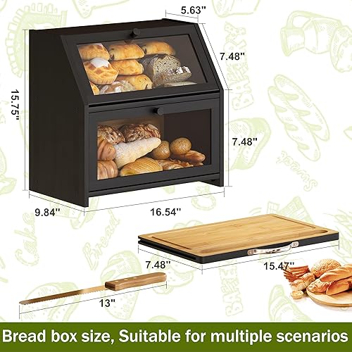 Miniatura 7 de BMOSU Panera con tabla de cortar, almacenamiento y organizador de pan de cocina, encimera de granja, panera doble de madera de bambú, cubo de gran