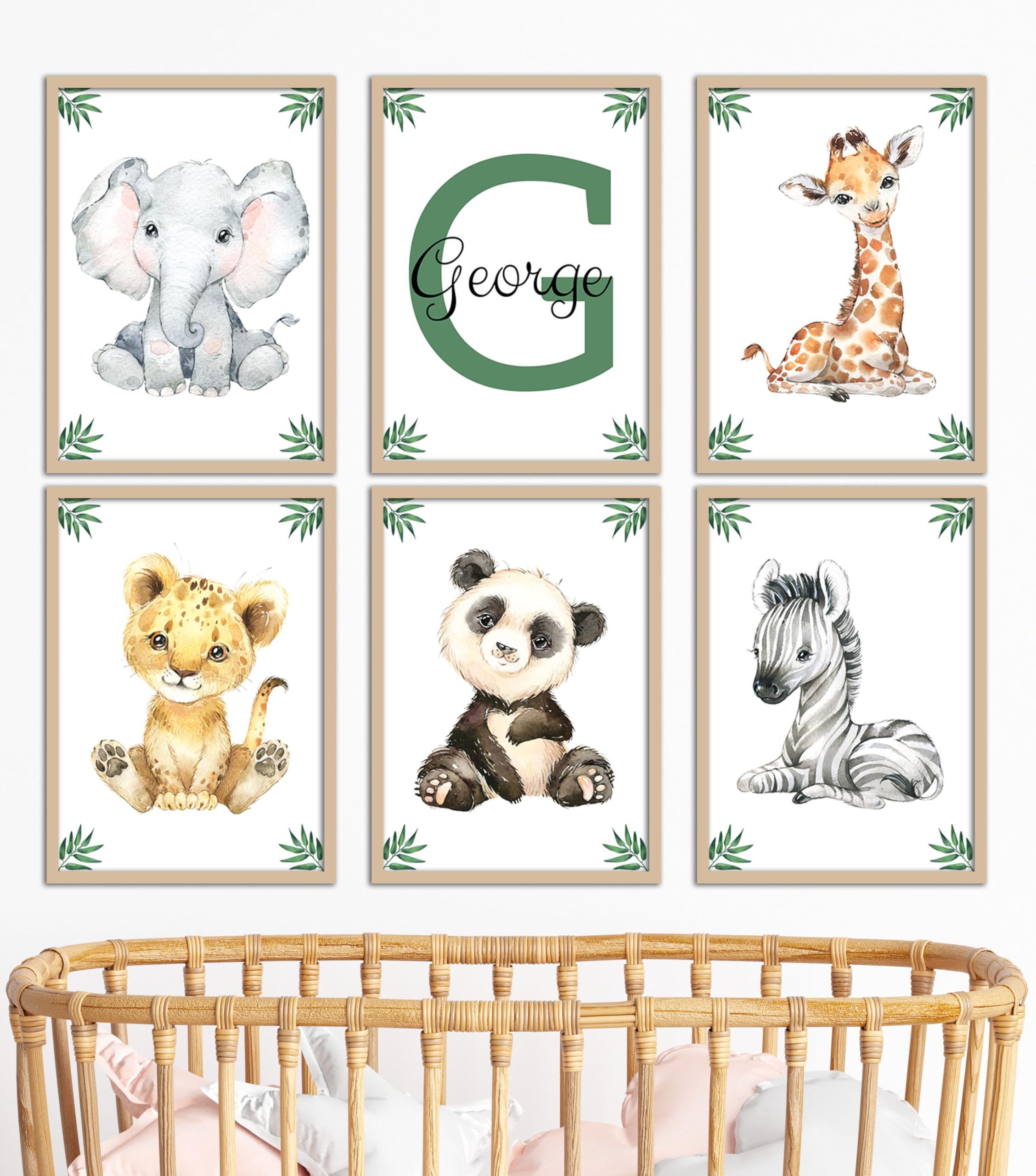 Safari Animals Jungle Leaves Boy or Girl Nursery Bedroom Unframed Prints Set of 6, Personalised Name Wall Art Decor New Baby Gift Present Elephant Lion Giraffe Zebra Panda (A5)