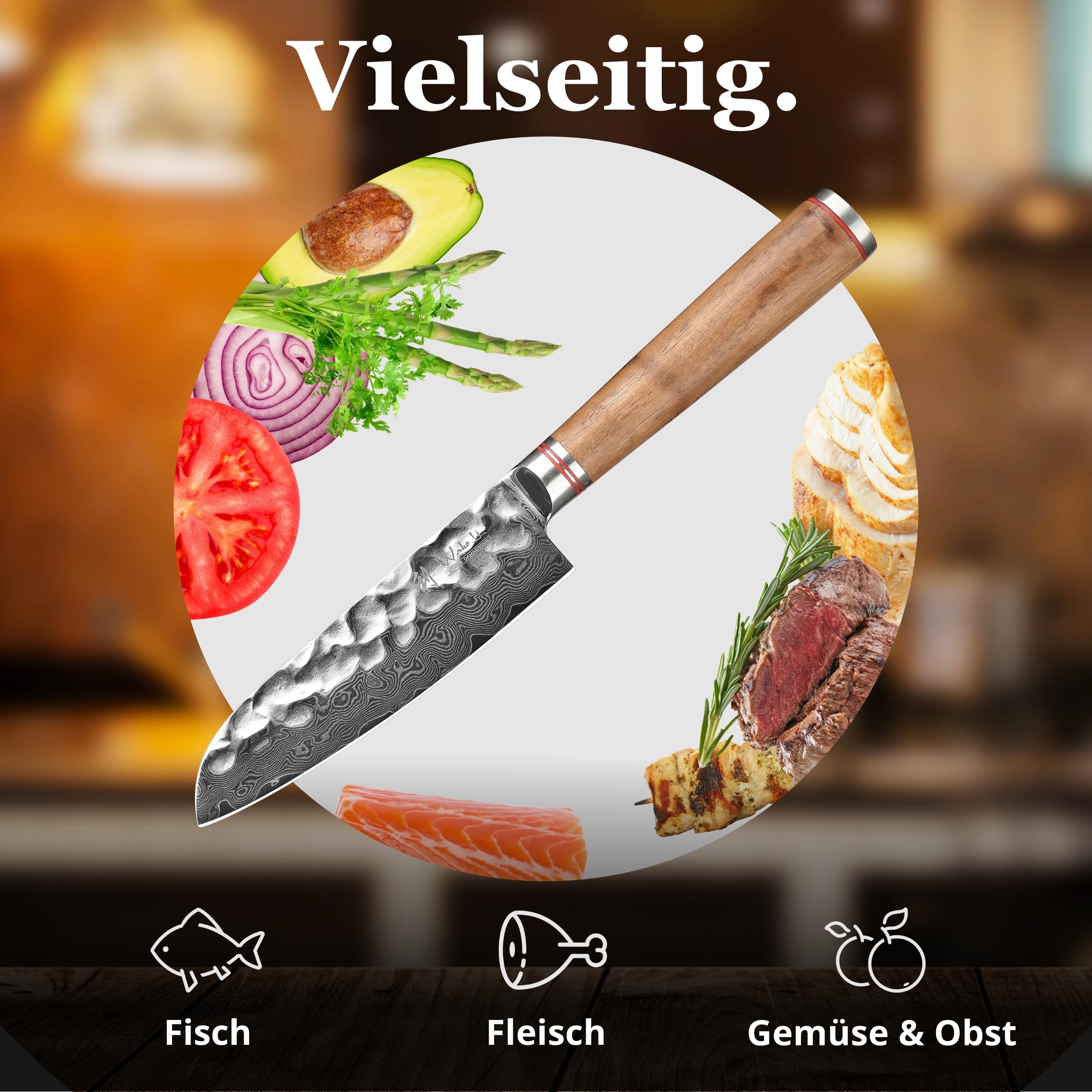 Wakoli Nussbaum Santoku mit 12 cm Klinge, 67 Lagen Damaststahl, VG10 Kern