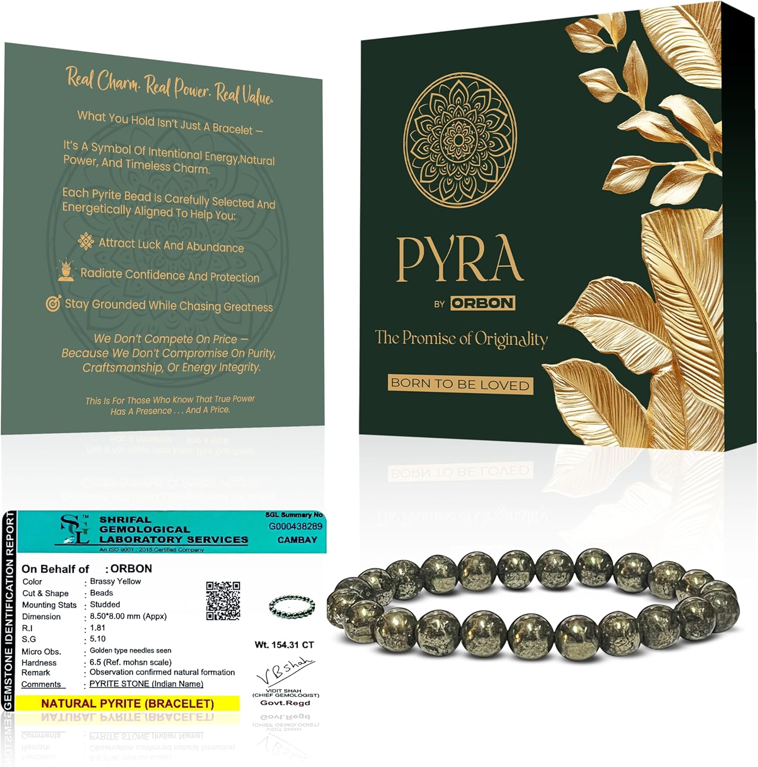 PYRA Certified Original Raw Pyrite Bracelet – Natural Pyrite Stone Energy Bracelet for Men & Women | Money Attraction Stone for Wealth & Success | with Activation Card & Authenticity Certificate