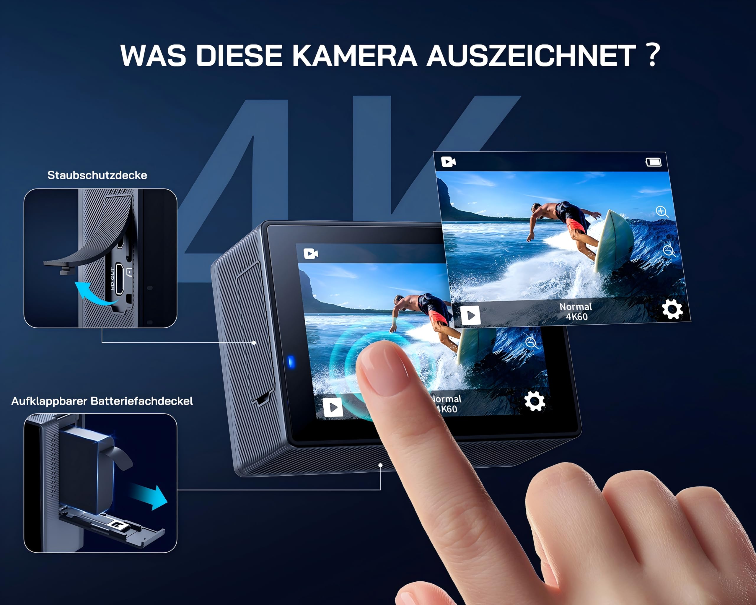 WOLFANG GA300 Action Cam 4K 60FPS 24MP Unterwasserkamera WiFi 40M wasserdichte 2.0 EIS Bildstabilisator Touchscreen Helmkamera 8X Zoom (Externes Mikrofon, 2x1350mAh Akkus und Zubehör Kit)