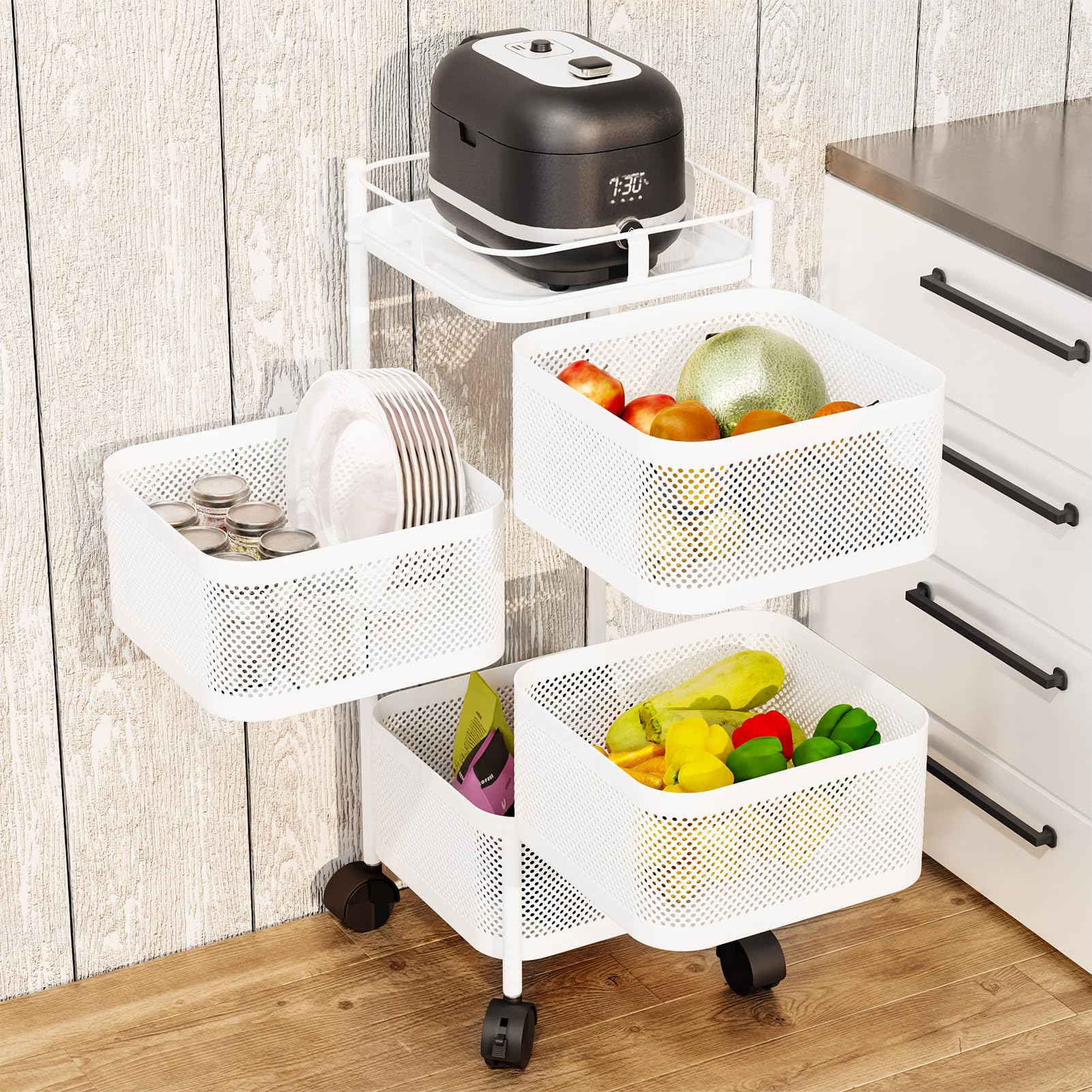 Carrello da cucina a 5 ripiani con design rotante in filo metallico e coperchio superiore, multiuso, per frutta e verdura, per cucina, soggiorno e soluzioni di archiviazione