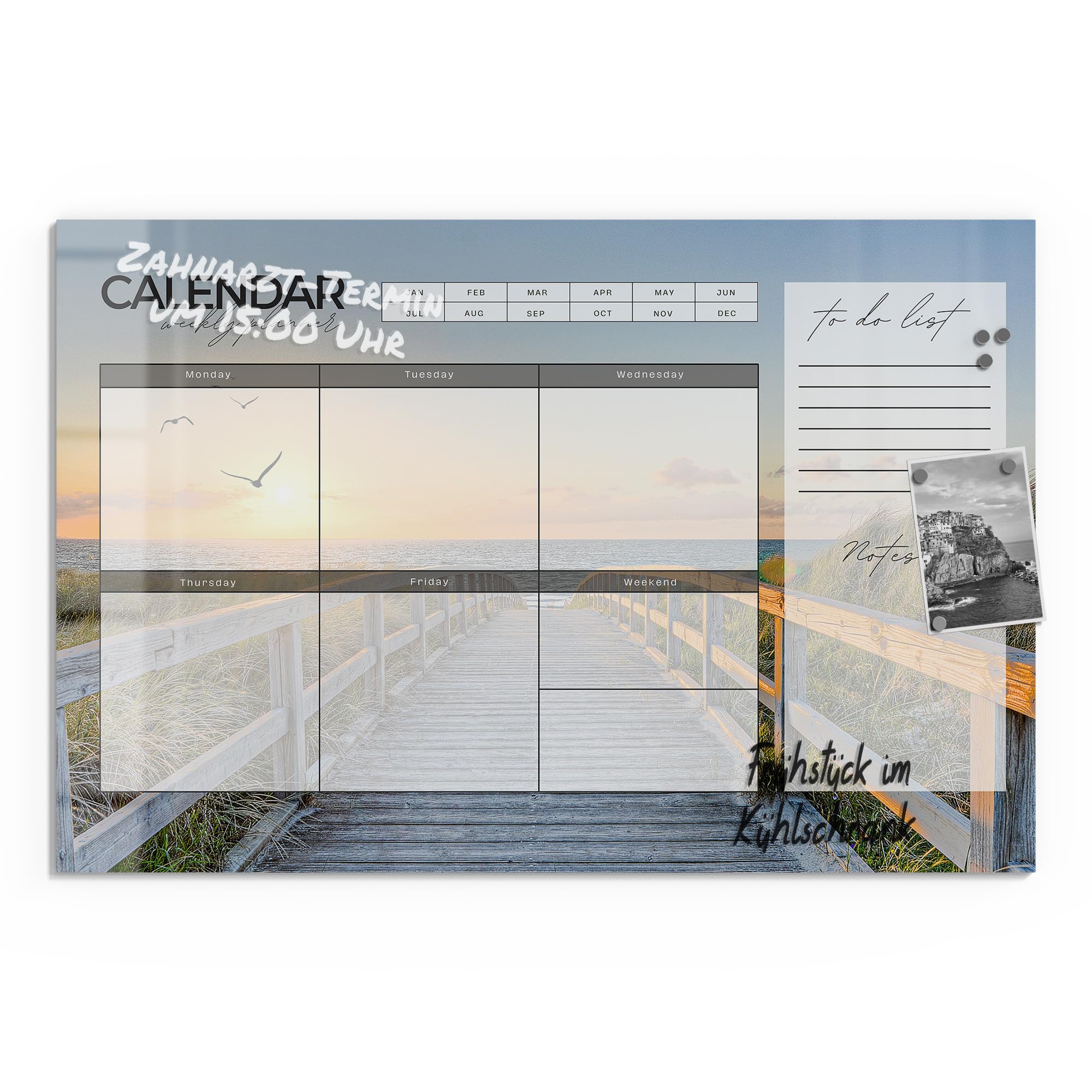 DEQORI Lavagna magnetica in vetro | 90 x 60 cm | motivo "Agenda settimanale Mar Baltico (EN)" | Lavagna magnetica con magneti, penna e panno per cucina e ufficio | Lavagna magnetica e scrivibile