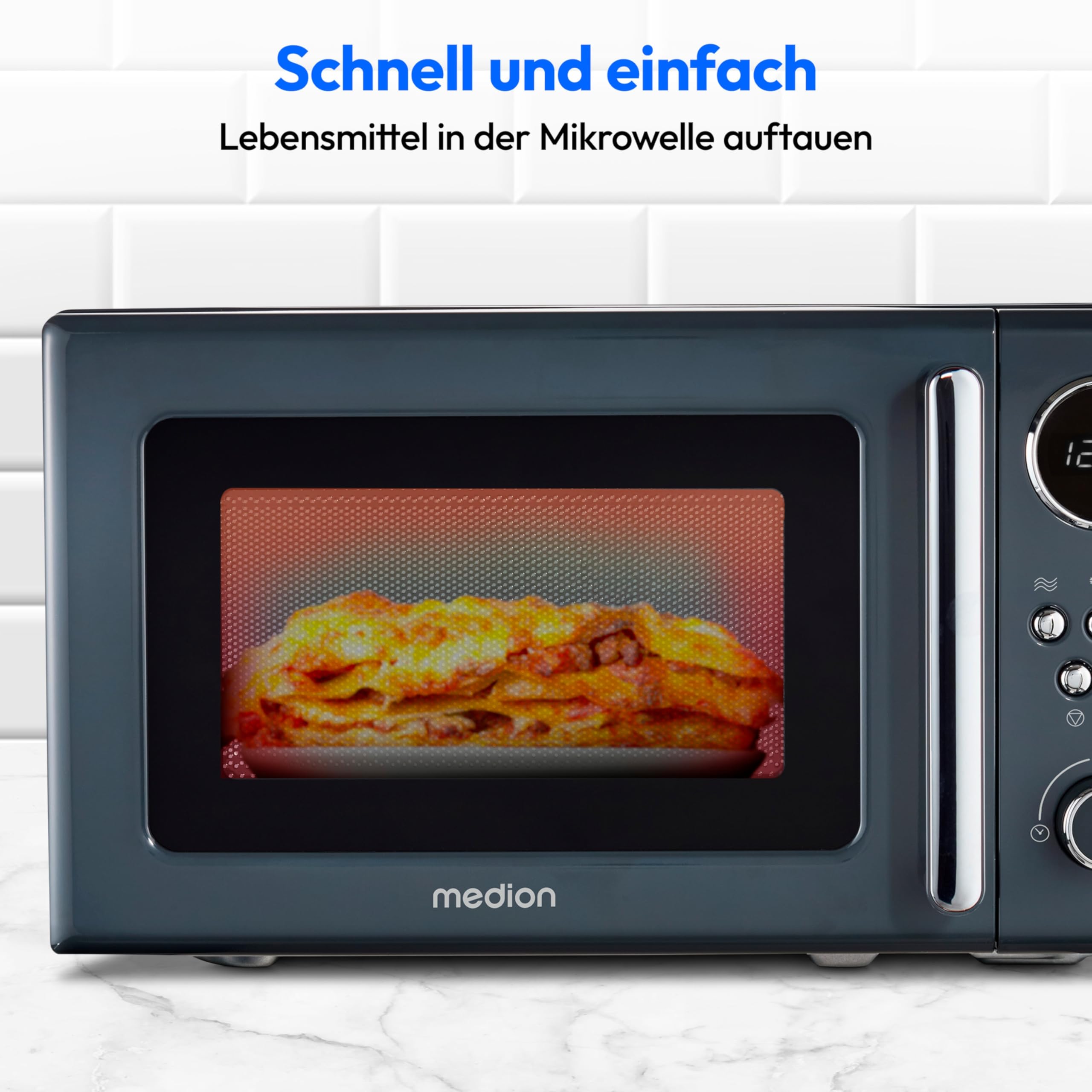 MEDION Retro mała kuchenka mikrofalowa (20 litrów, ok. 800 W, 5 poziomów kuchenki mikrofalowej, 8 automatycznych programów, cyfrowy wyświetlacz, funkcja rozmrażania, kompaktowa, MD15000), szara