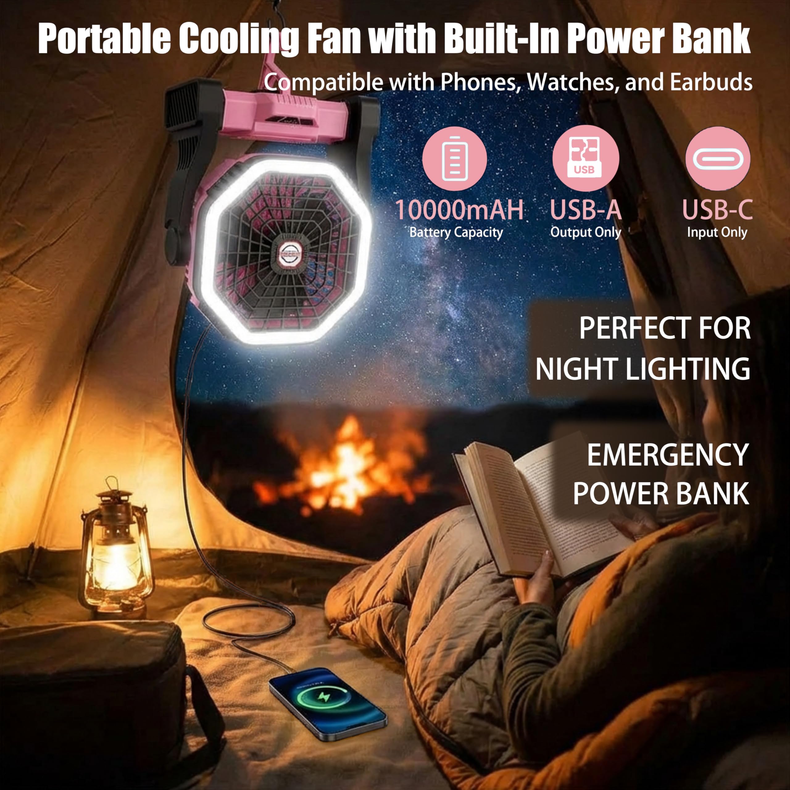 Ventilador de camping LED portátil, recargable 2 en 1, 4 ajustes de velocidad, batería de 10000 mAh, 3 modos de luz (Rosa)