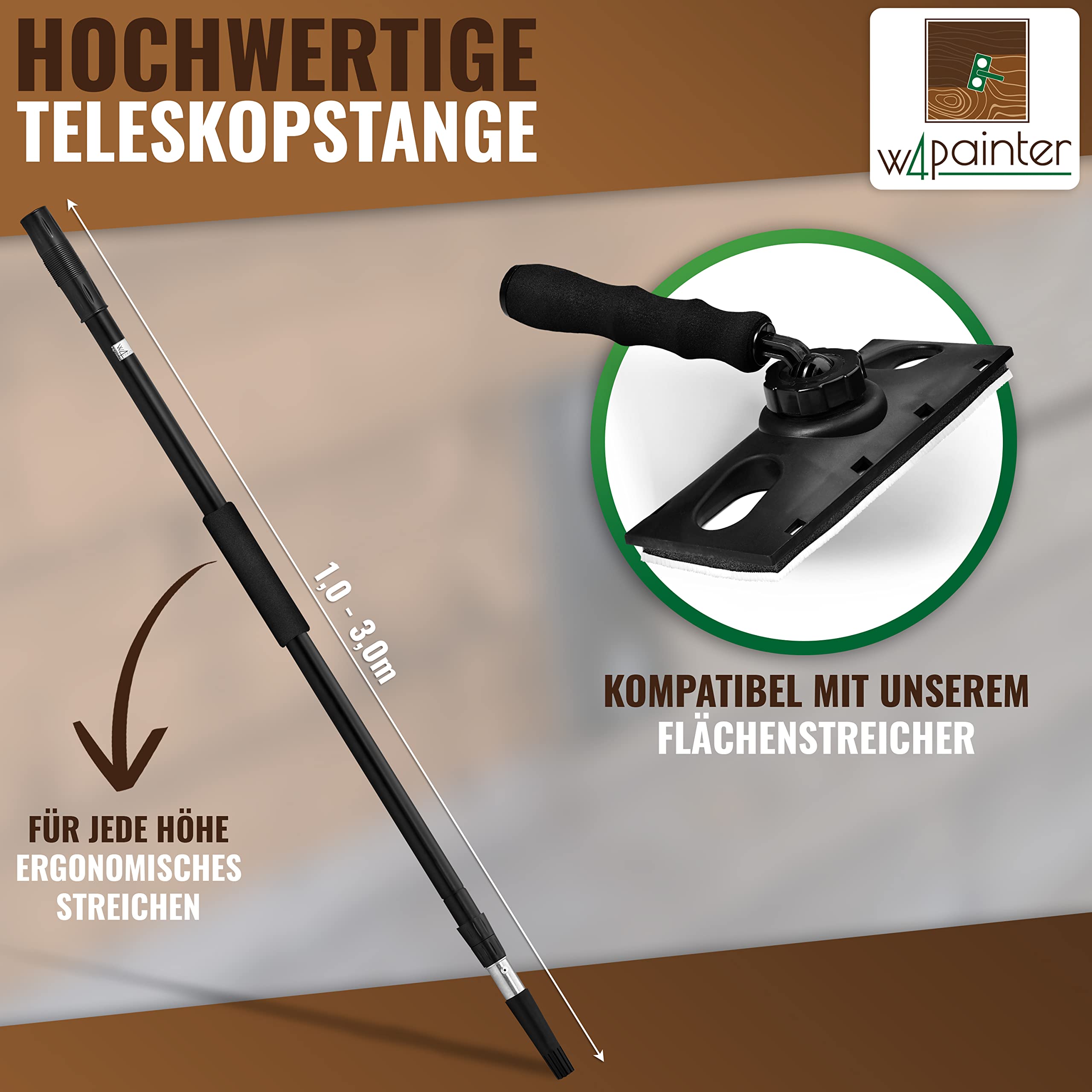 W4 Products Teleskopstange 3m ausziehbar - Universeller Teleskopstiel Alu für Farbroller, Poolreinigung & Fensterreinigung - Teleskopstab mit Steck- & Schraubgewinde - Leichtes Aluminium 1m bis 2,5m