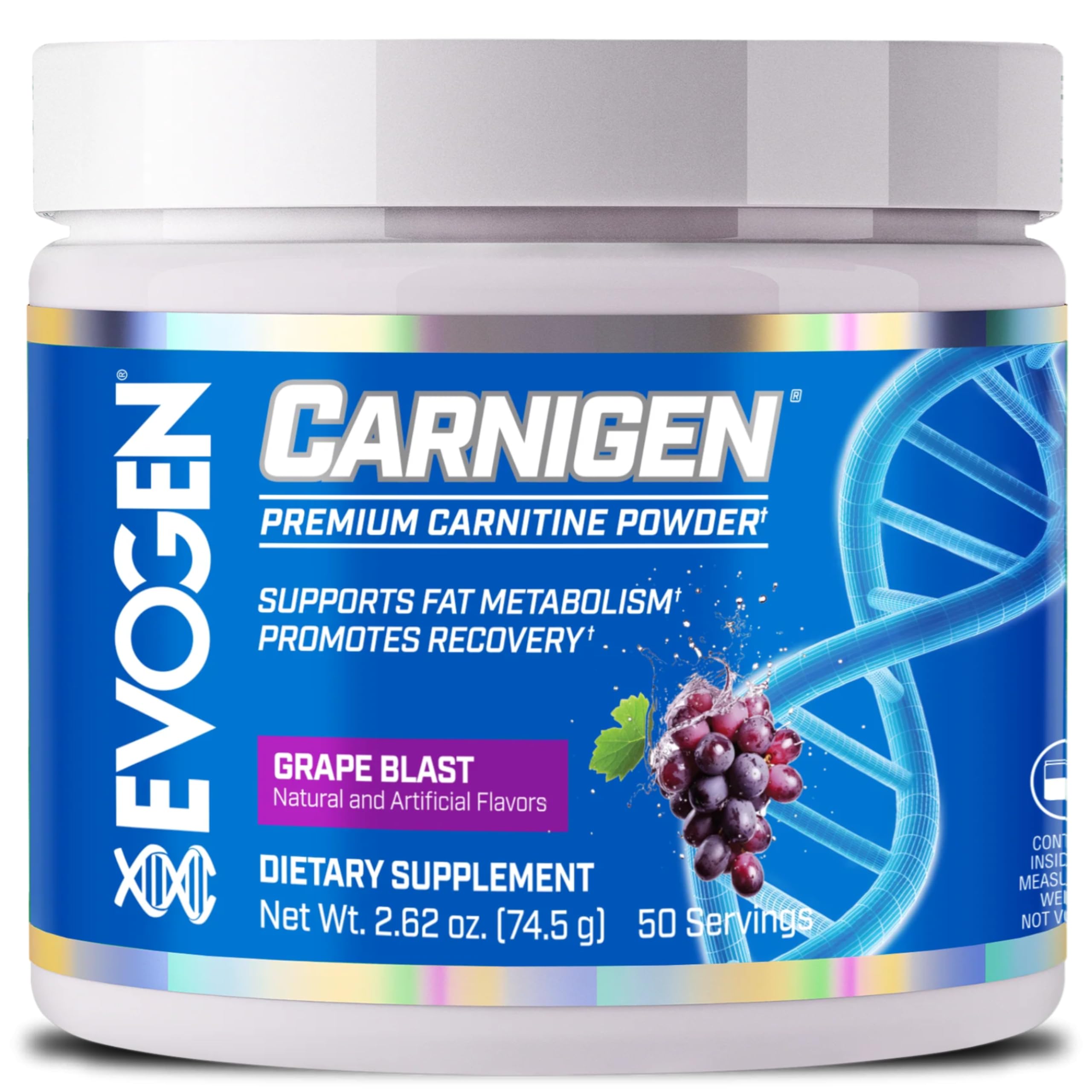 EvogenCarnigen - Premium Carnitine Powder | Supports Fat Metabolism & Promotes Recovery | Stimulant-Free L Carnitine Supplement Matrix with Acetyl L-Carnitine | Grape | 50 Servings