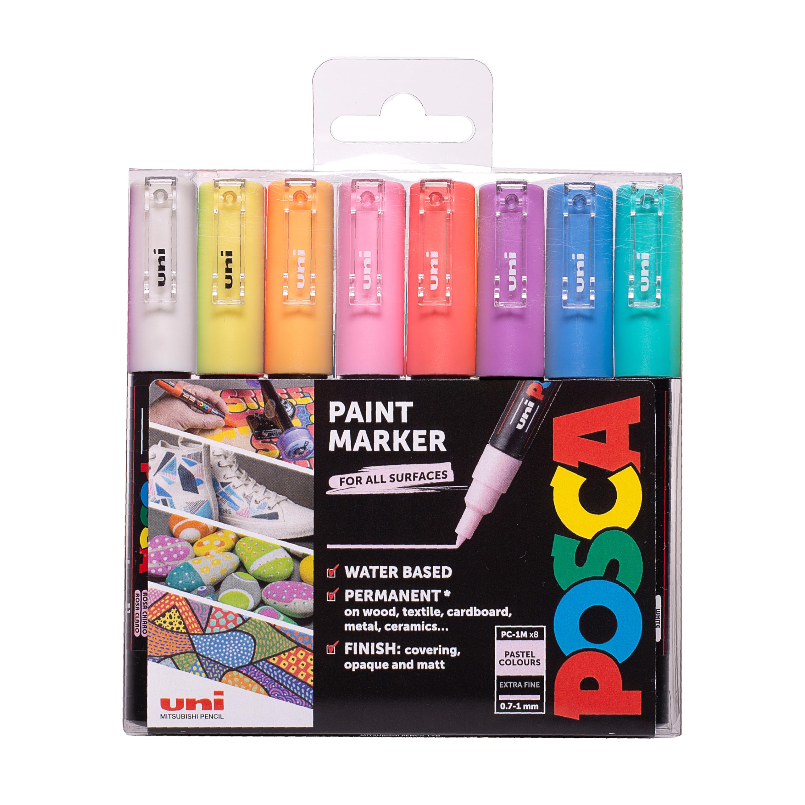 Posca PC-1M - Rotuladores permanentes a base de agua, punta extrafina de alta calidad para artes y manualidades, uso multisuperficie en madera, metal, papel, cartón, vidrio, tela, cerámica y piedra,
