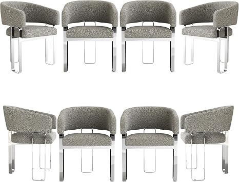 Boucle Barrel Chair Set of 8, Gray and Silver Modern Dining Chair with Silver Legs, Sherpa Accent Chair with Curved Backrest for Living Room, Dining Room, Kitchen
