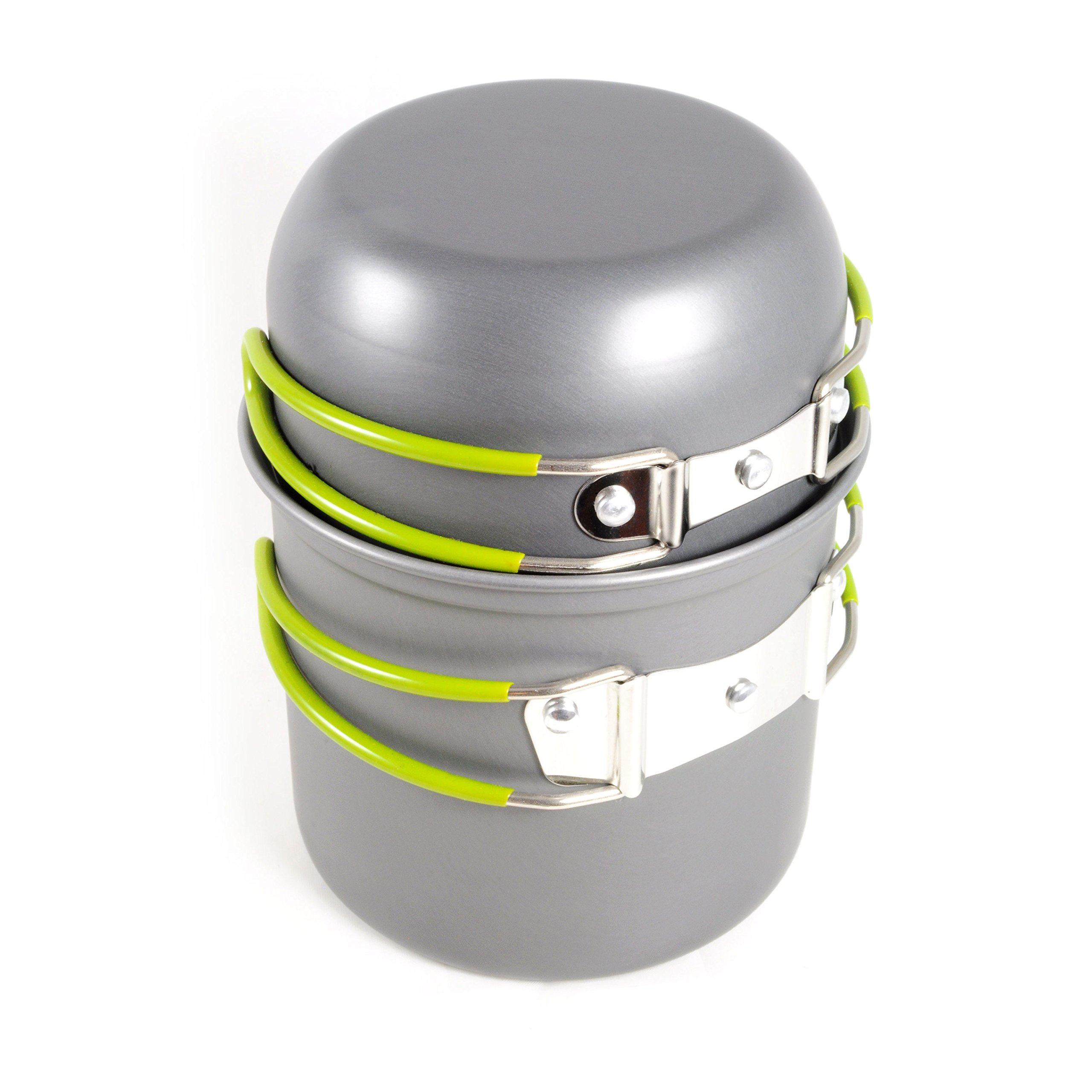 Ganzoo set 2 pentole per campeggio e trekking, alluminio anodizzato antiaderente, antracite opaco, 1 l e 0,5 l, altezza totale impilato 160 mm, manici pieghevoli, rete trasporto inclusa
